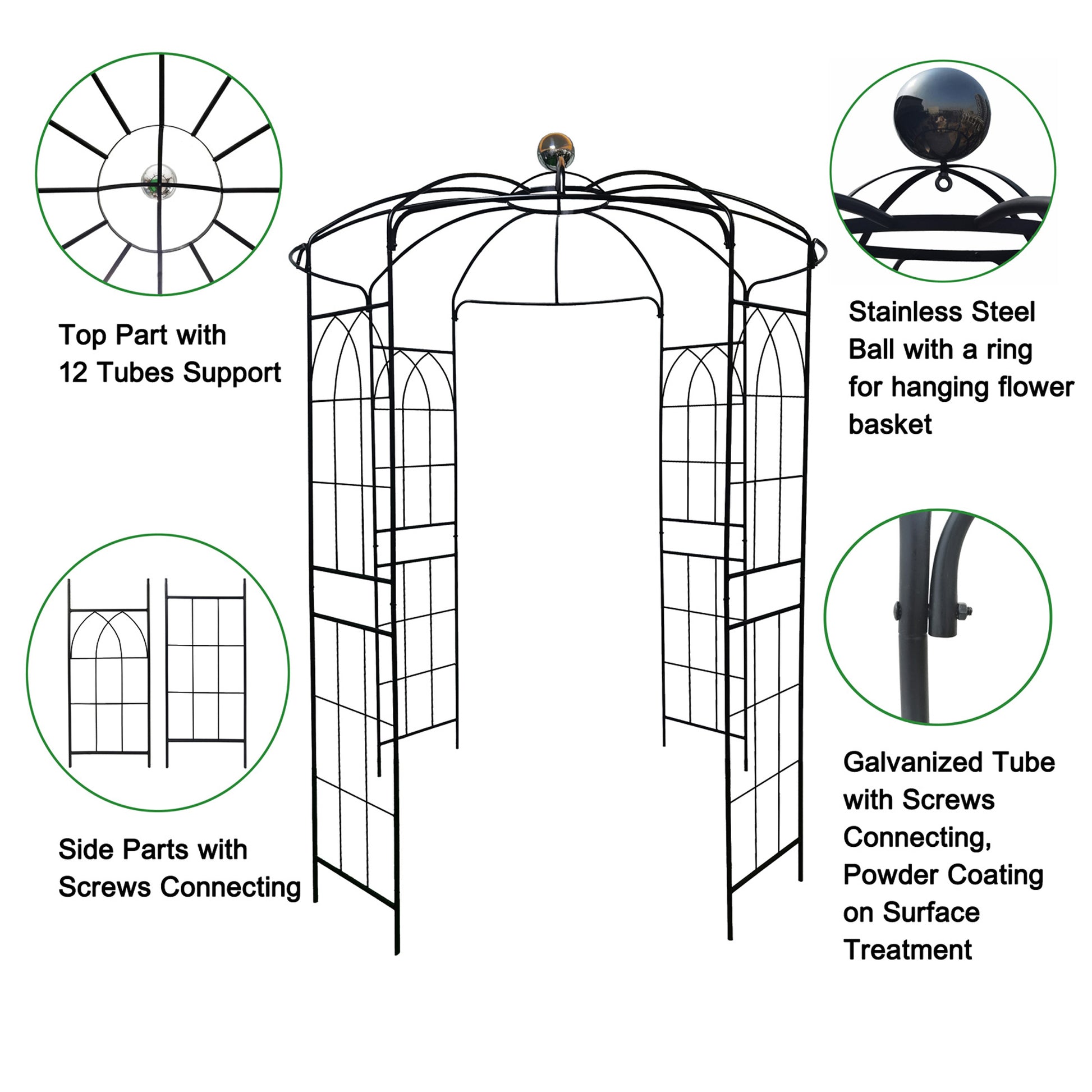 Black metal garden arch with arched panels and decorative top finial