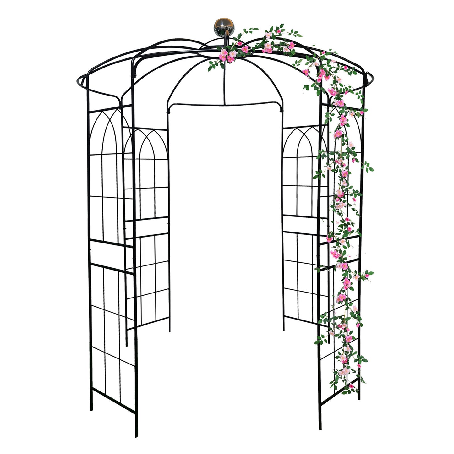 Black metal garden arch with decorative pink roses and green vines