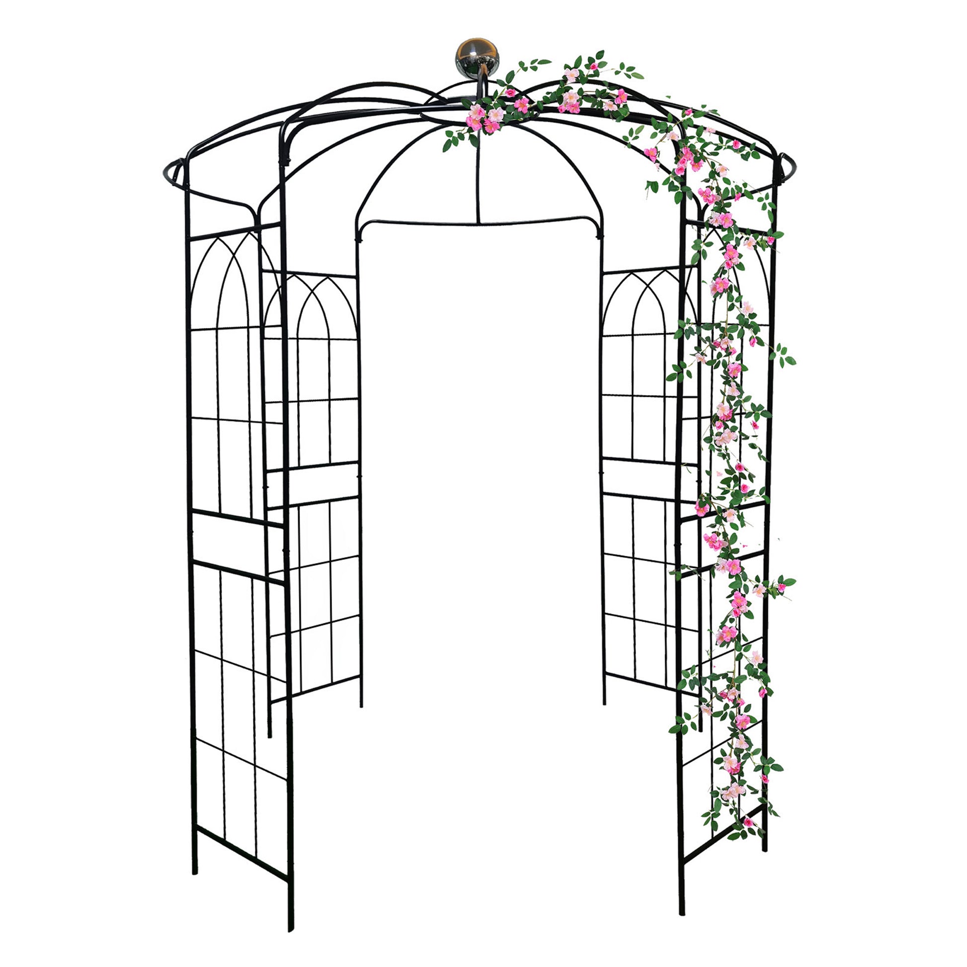 Black metal garden arch with decorative pink roses and green vines