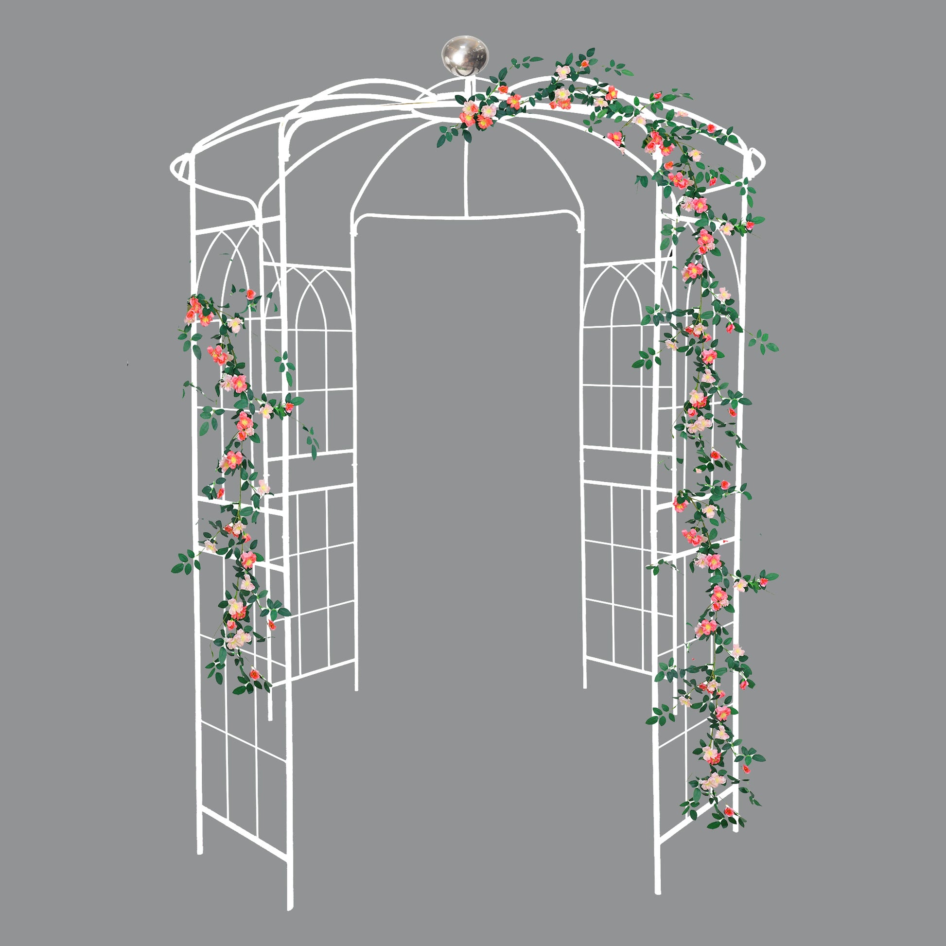 White metal garden arch adorned with pink and cream climbing roses for outdoor decor