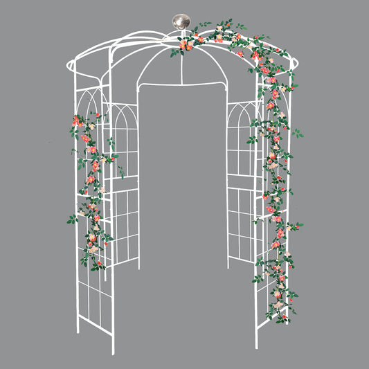 White metal garden arch adorned with pink and cream climbing roses for outdoor decor
