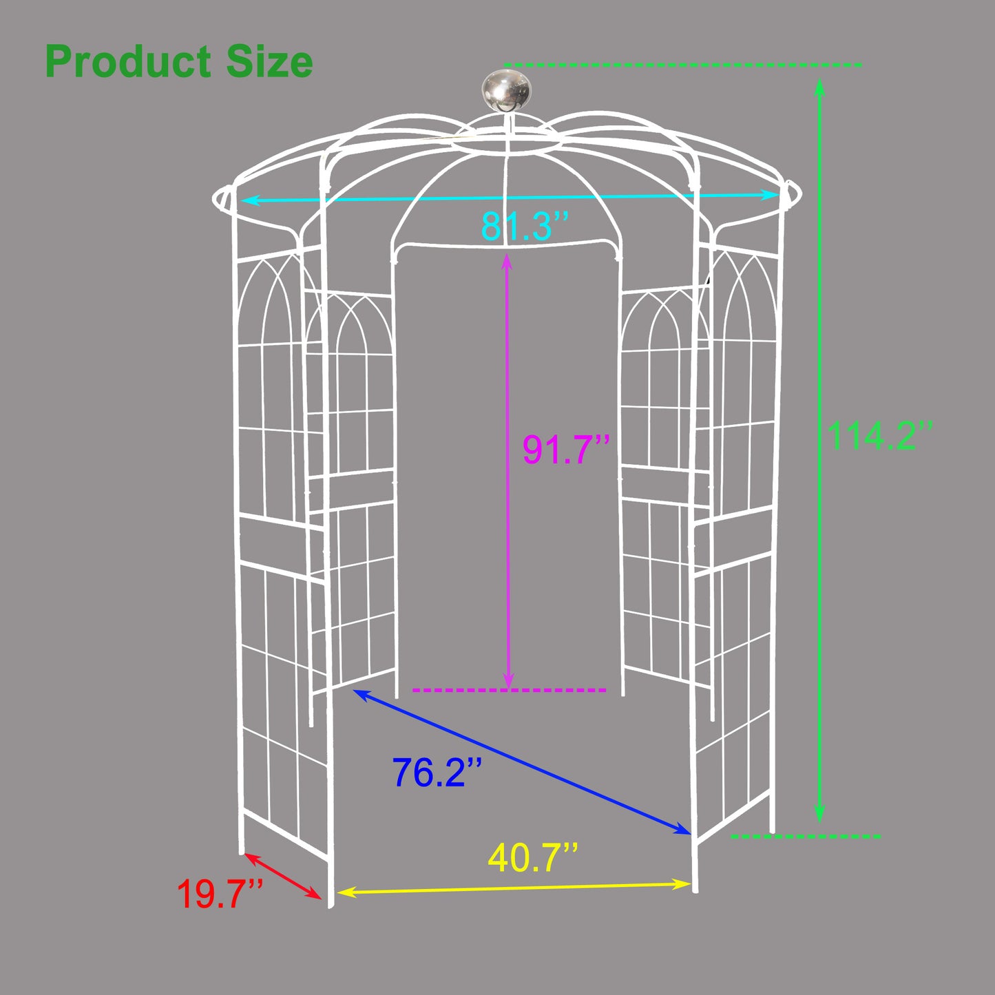 White metal garden arbor with detailed dimensions  width  height  total height  base width