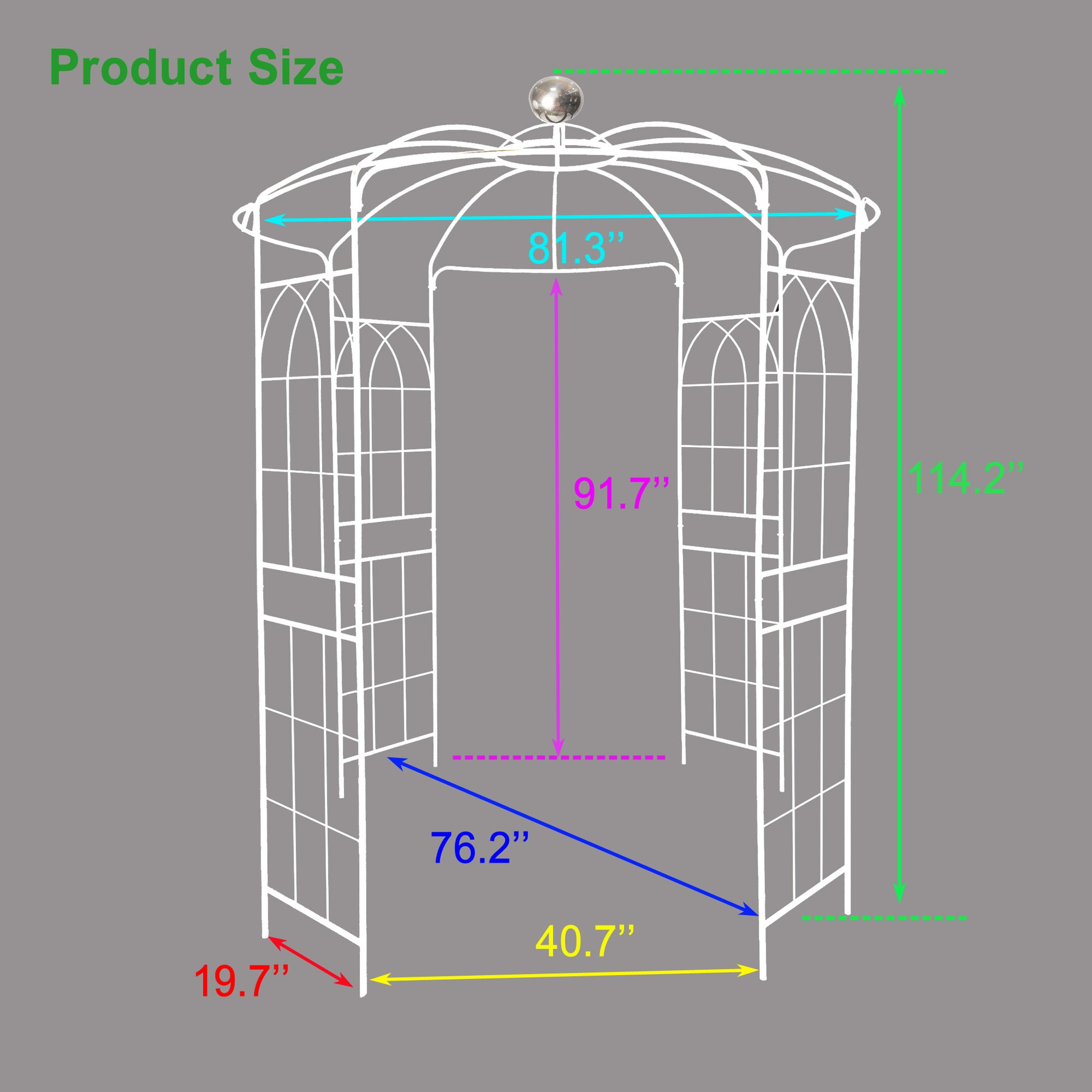 White metal garden arbor with detailed dimensions  width  height  total height  base width