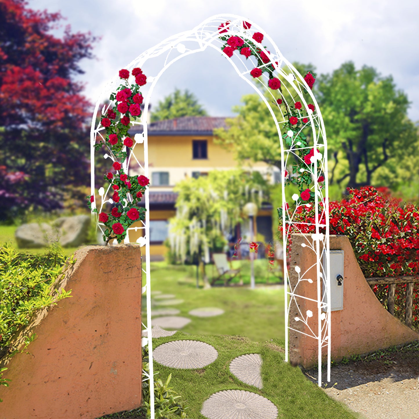 White metal garden arch with climbing red roses perfect for weddings