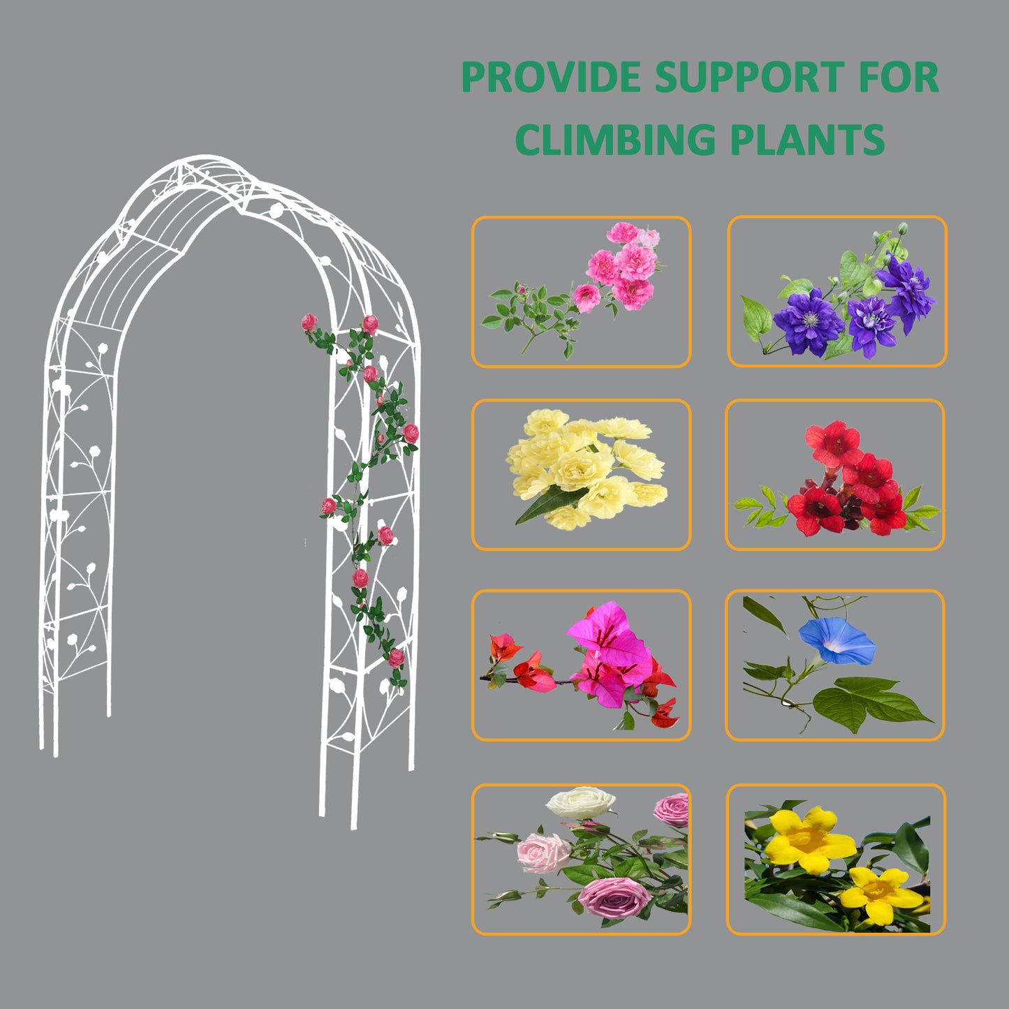 White metal garden arch with intricate vine detailing ideal for climbing plants