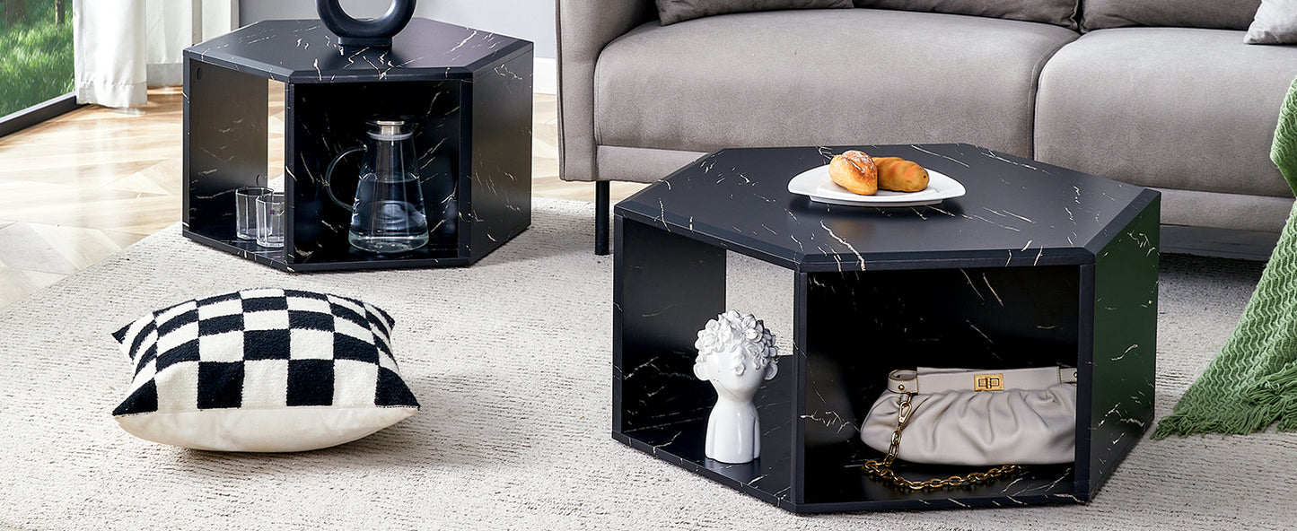 Black marble hexagonal coffee table with white veining ideal for modern living rooms