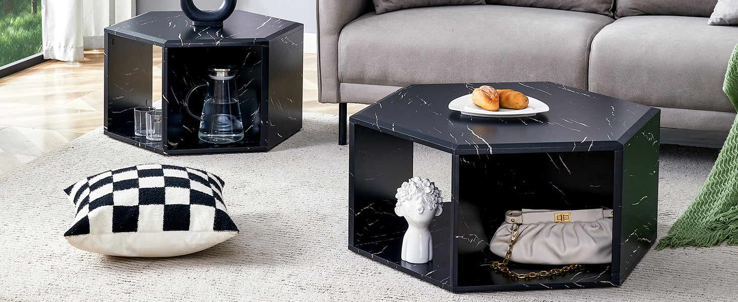 Black marble hexagonal coffee table with white veining ideal for modern living rooms