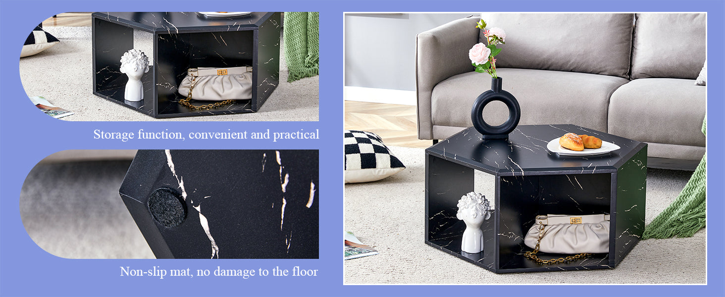 Hexagonal black marble coffee table with storage compartments in a modern living room