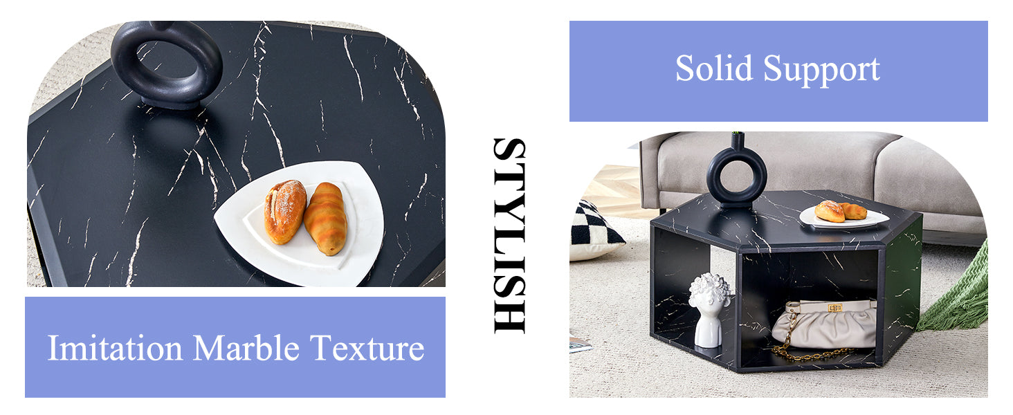 Black imitation marble hexagonal coffee table with a vase and bread on top