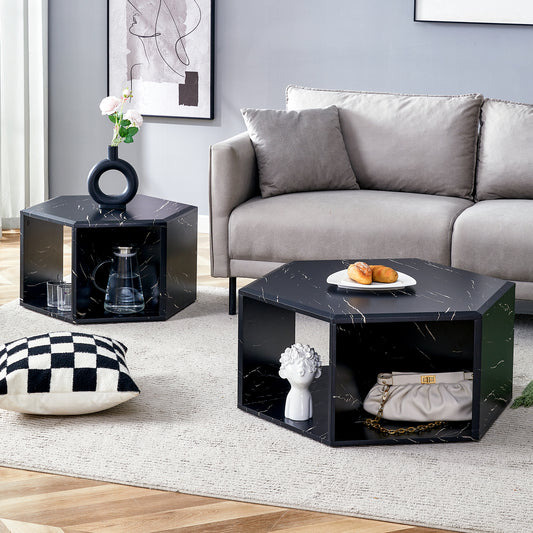 Black marble hexagonal coffee table with modern design and open storage