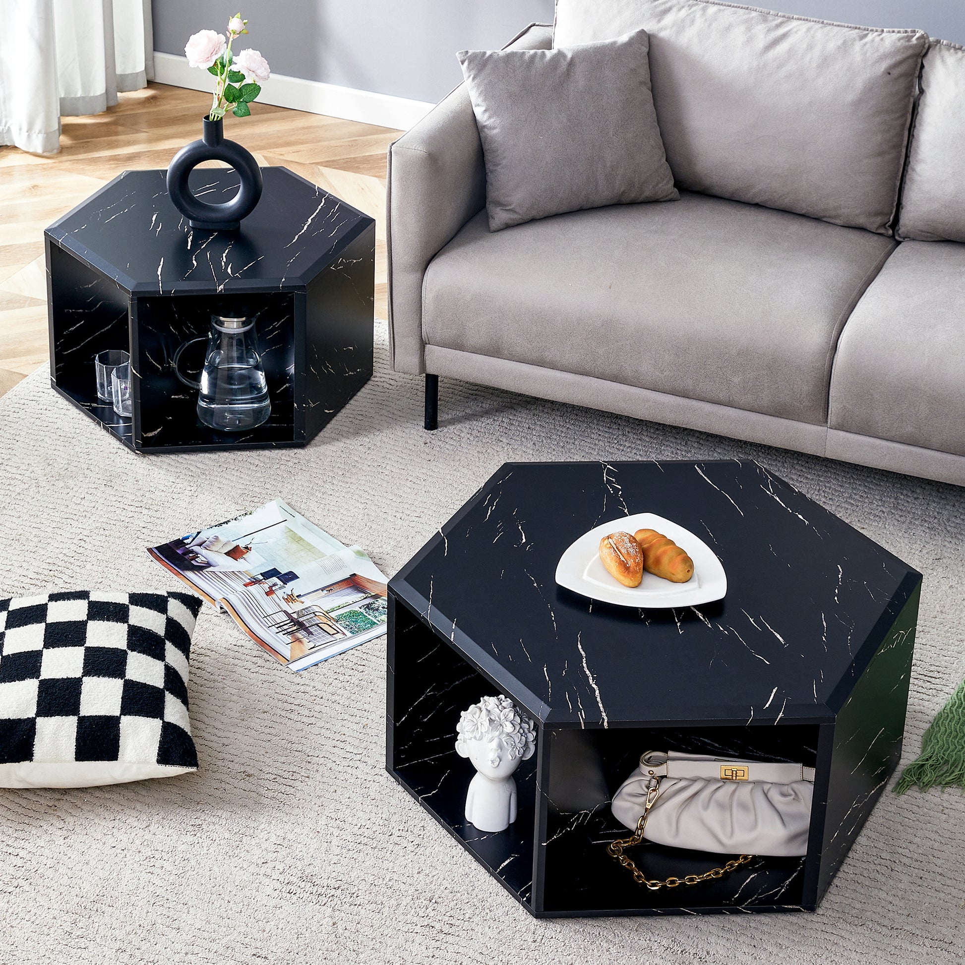 Modern black marble hexagonal coffee table with open storage for living room