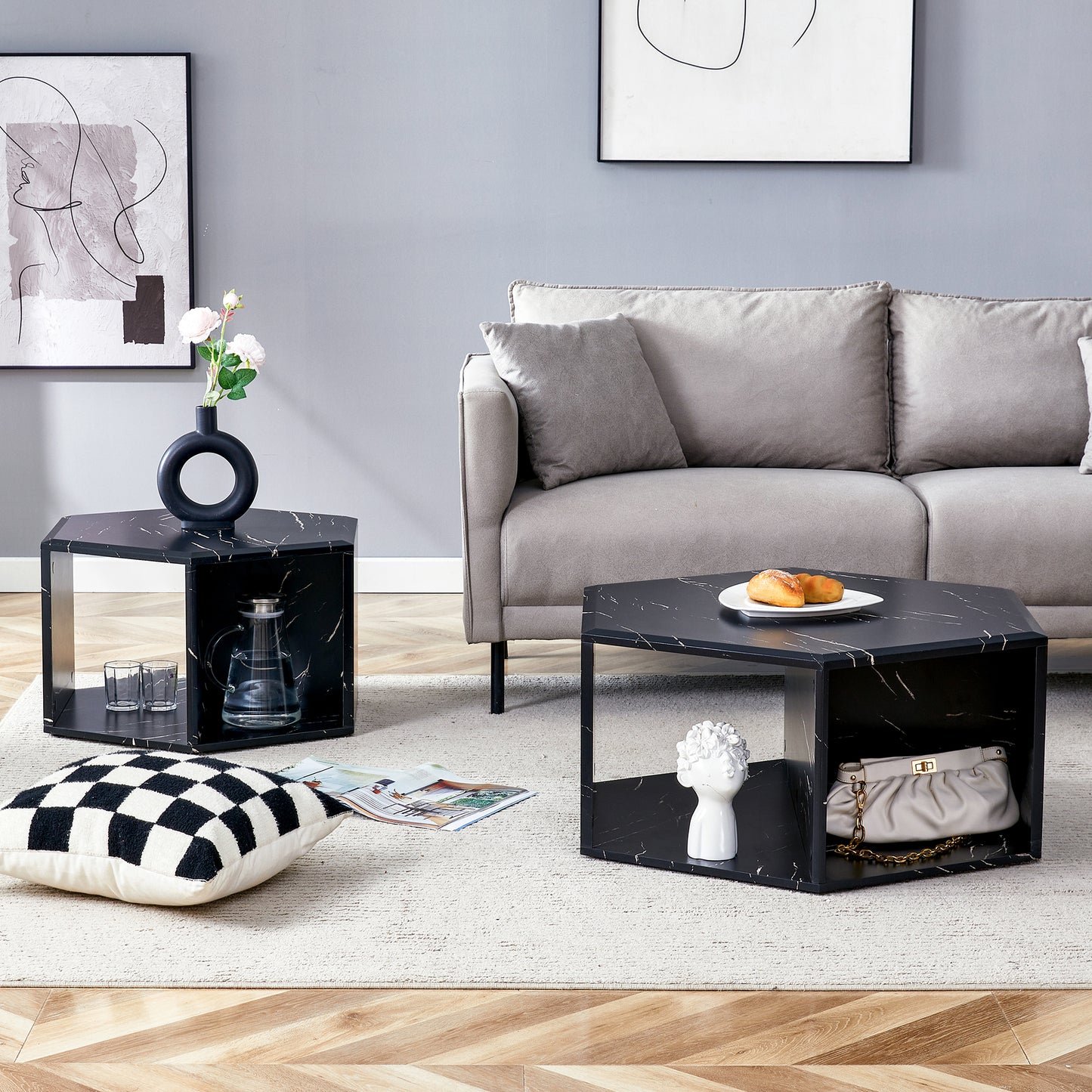 Black marble hexagon coffee table with gold chain handbag in storage