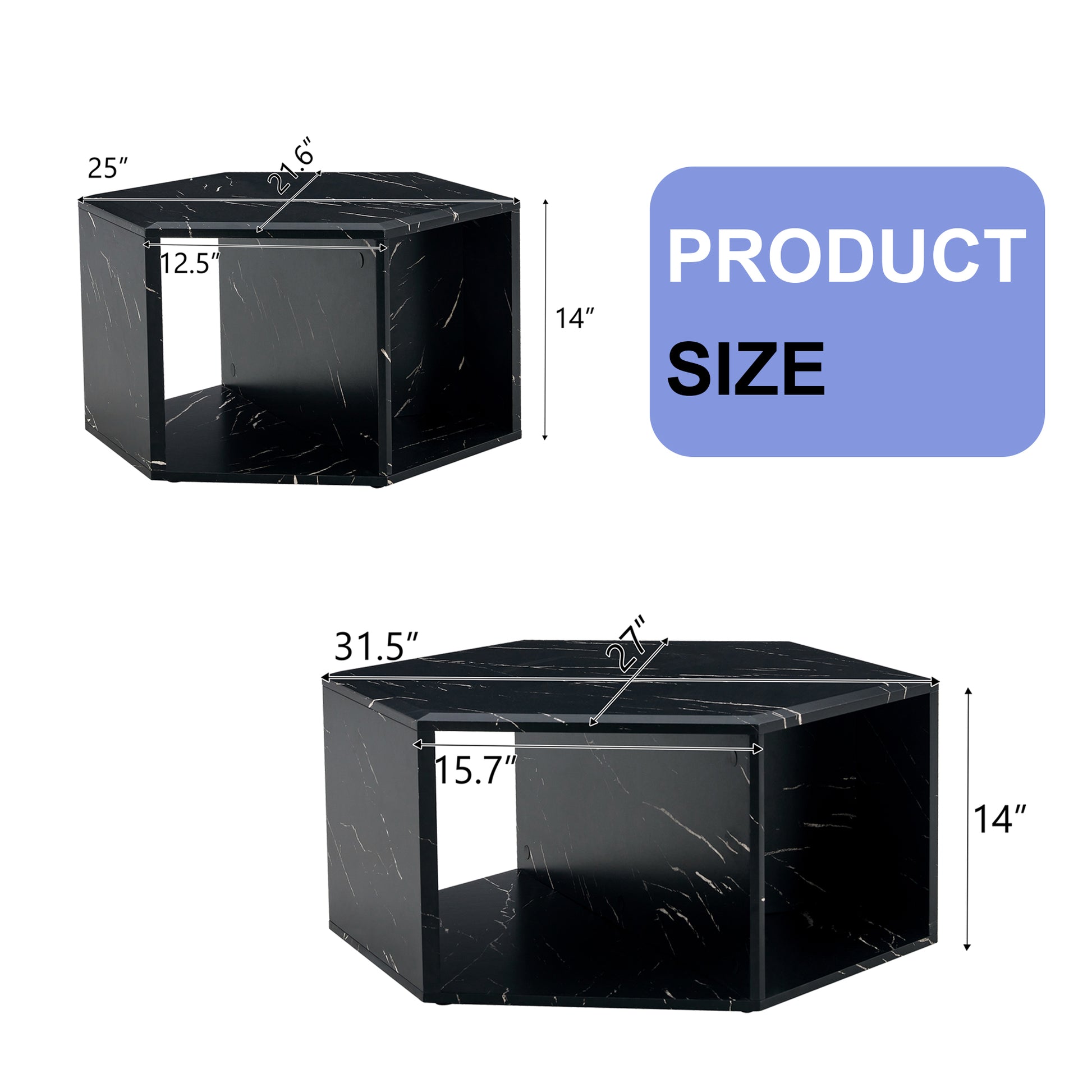 Black marble hexagonal accent table  W x  D x  H with open shelving