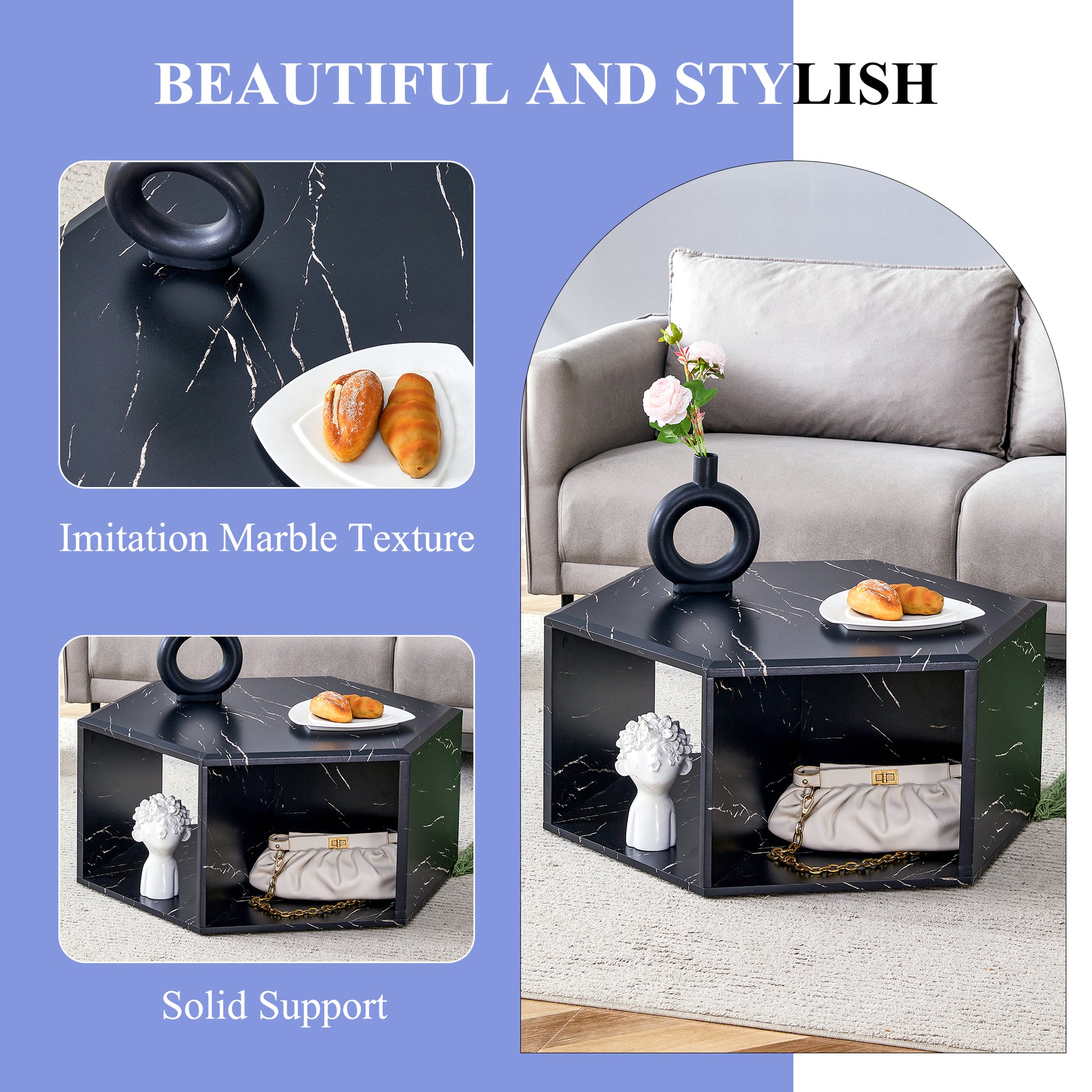 Hexagonal black coffee table with imitation marble texture and gold accents