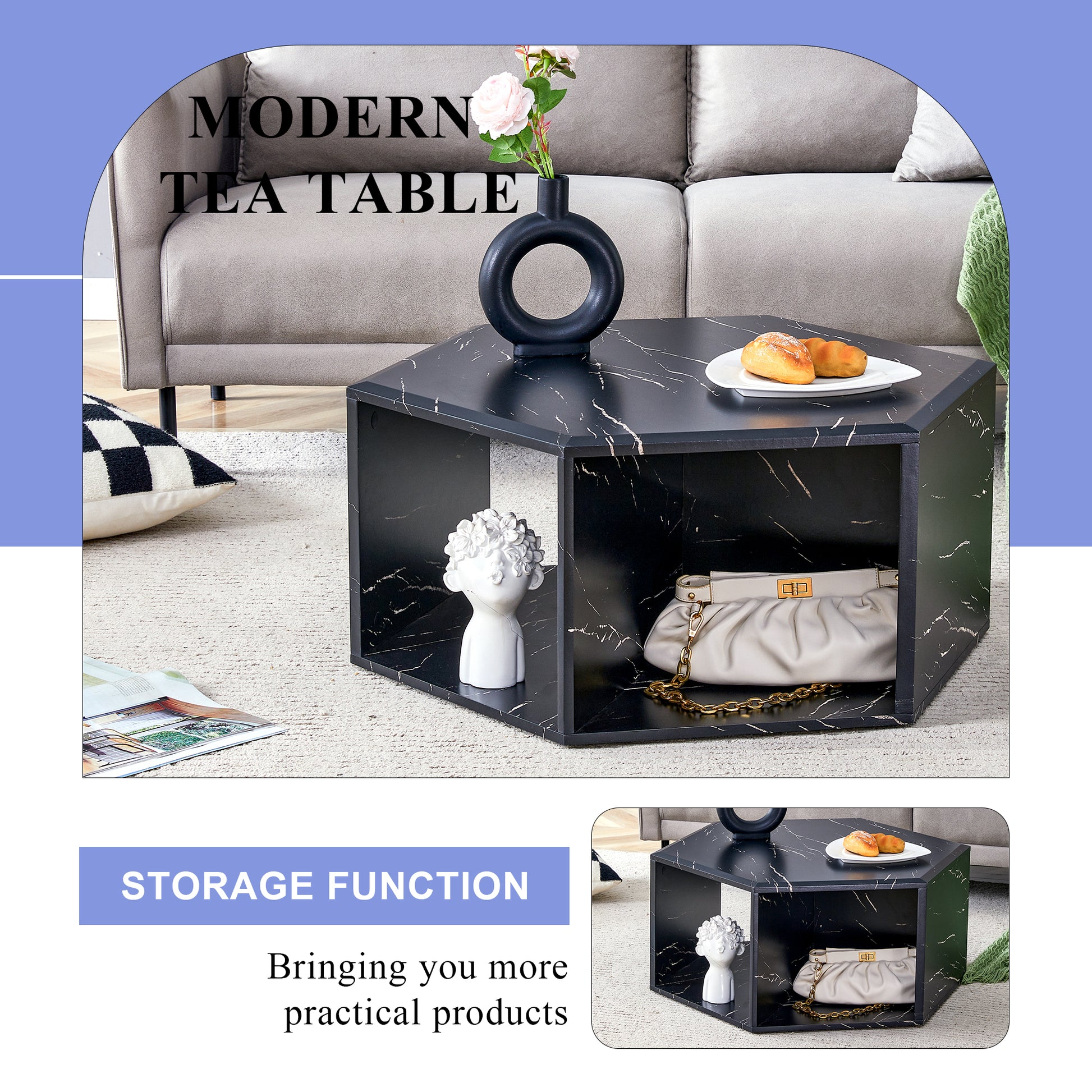 Hexagonal black marble modern tea table with a white bust and cream clutch