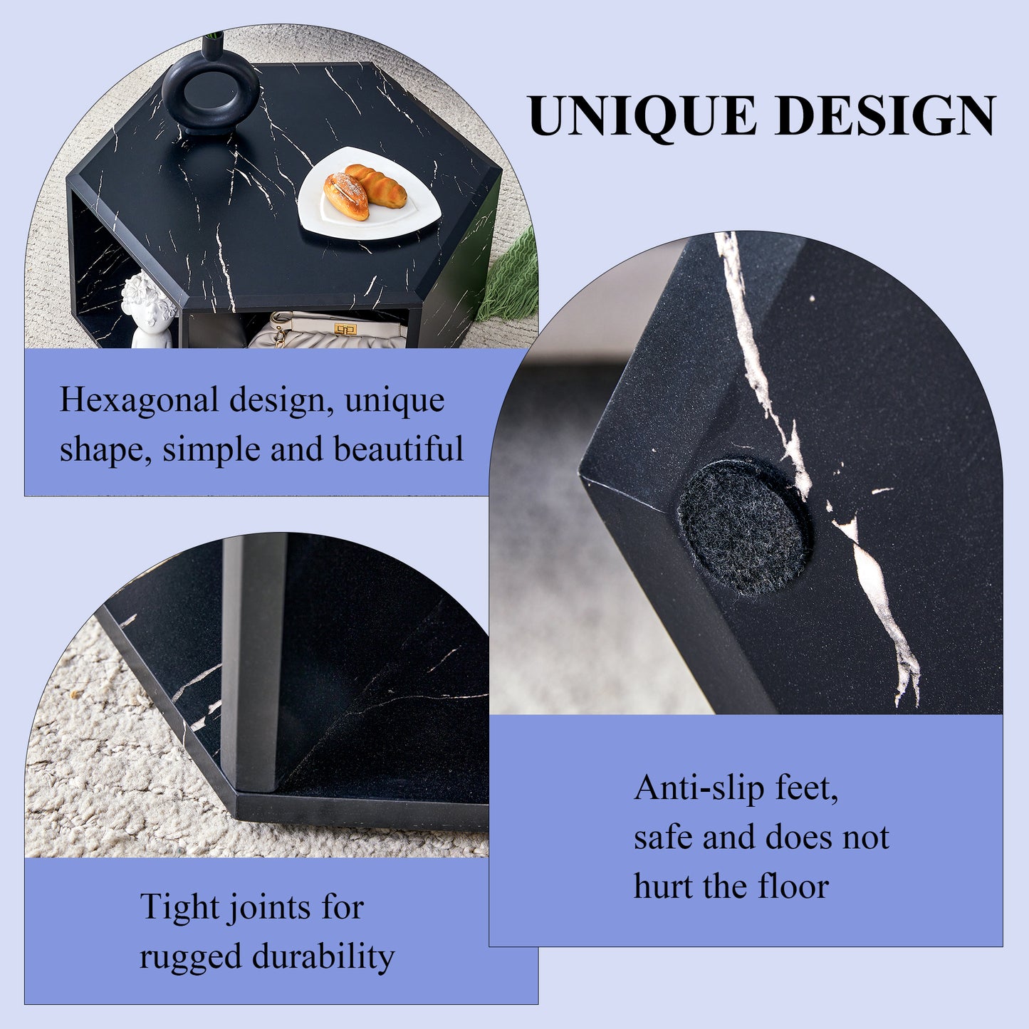 Black marble hexagonal coffee table with unique design and storage