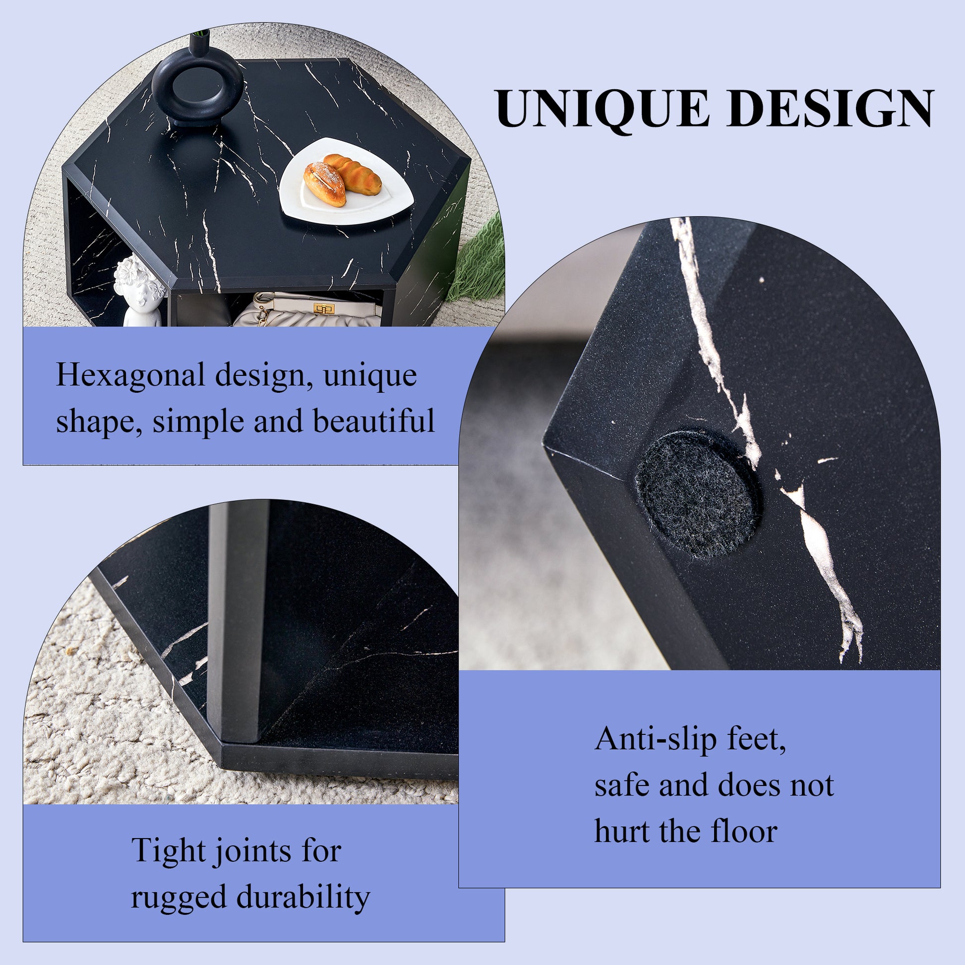 Black marble hexagonal coffee table with unique design and storage