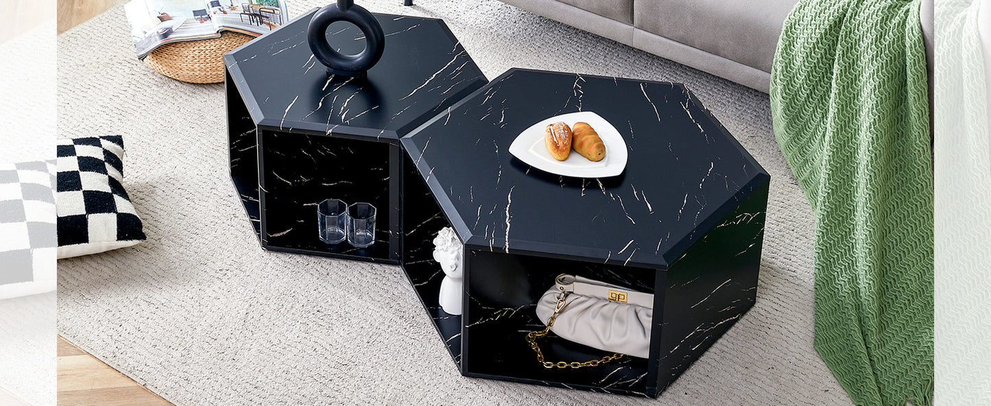 Modern black marble hexagonal coffee table with gold accents  characters
