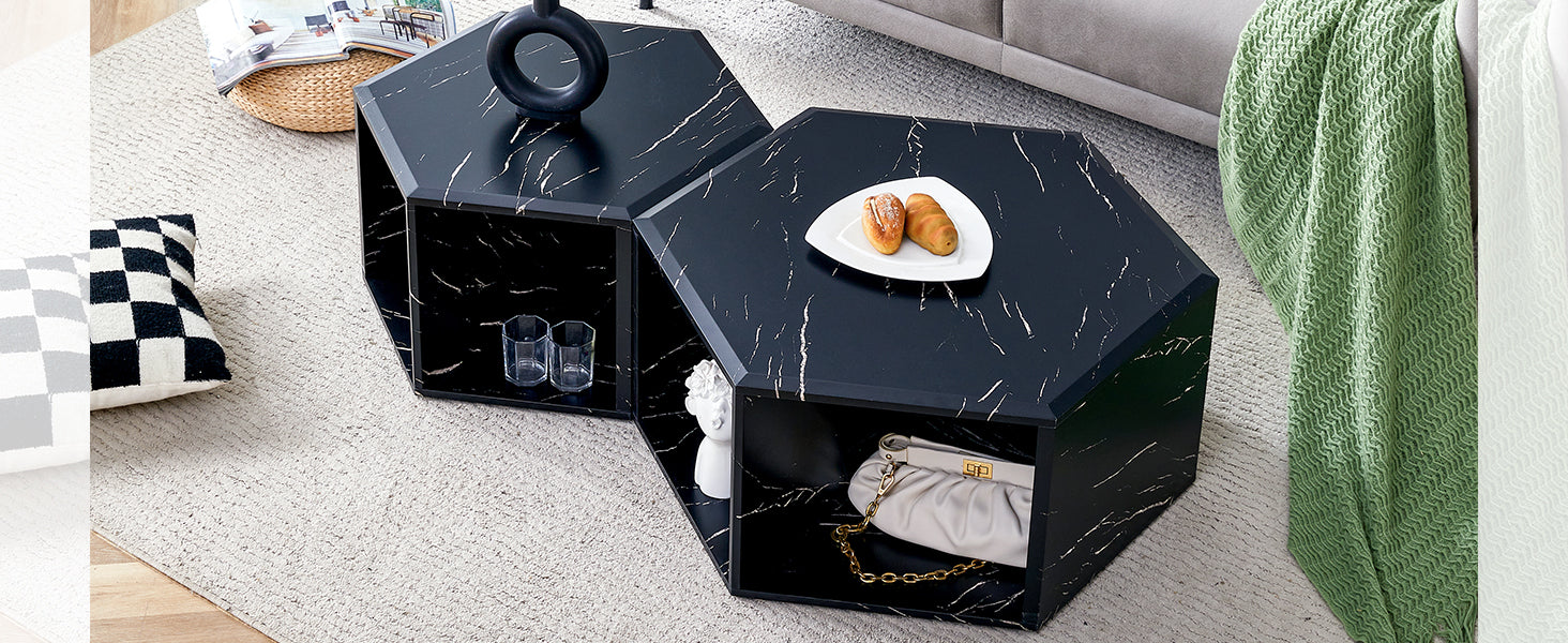 Modern black marble hexagonal coffee table with gold accents  characters