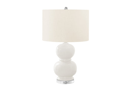 White ceramic stacked ball table lamp with linen drum shade for bedside