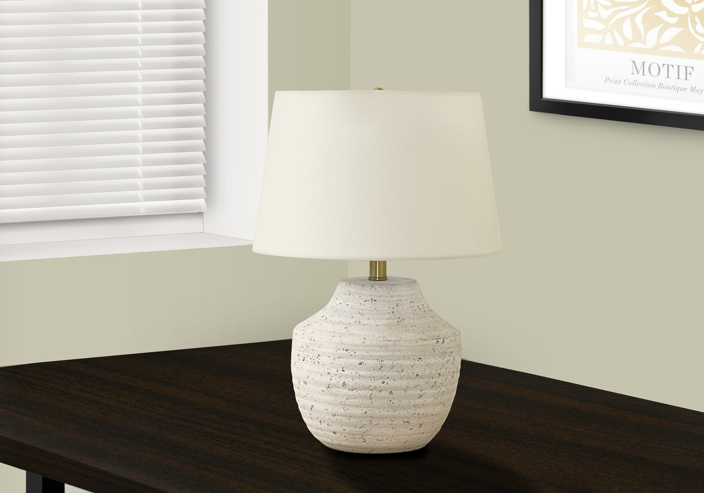 Textured ceramic table lamp with cream linen shade ideal for bedside tables