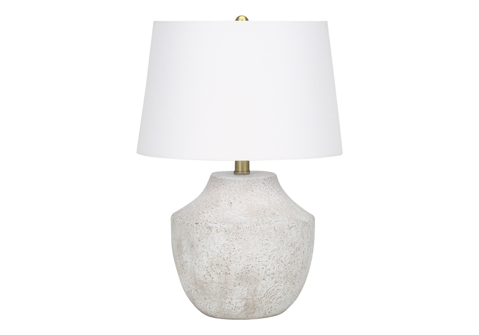Textured ceramic table lamp with white linen shade and brass accents
