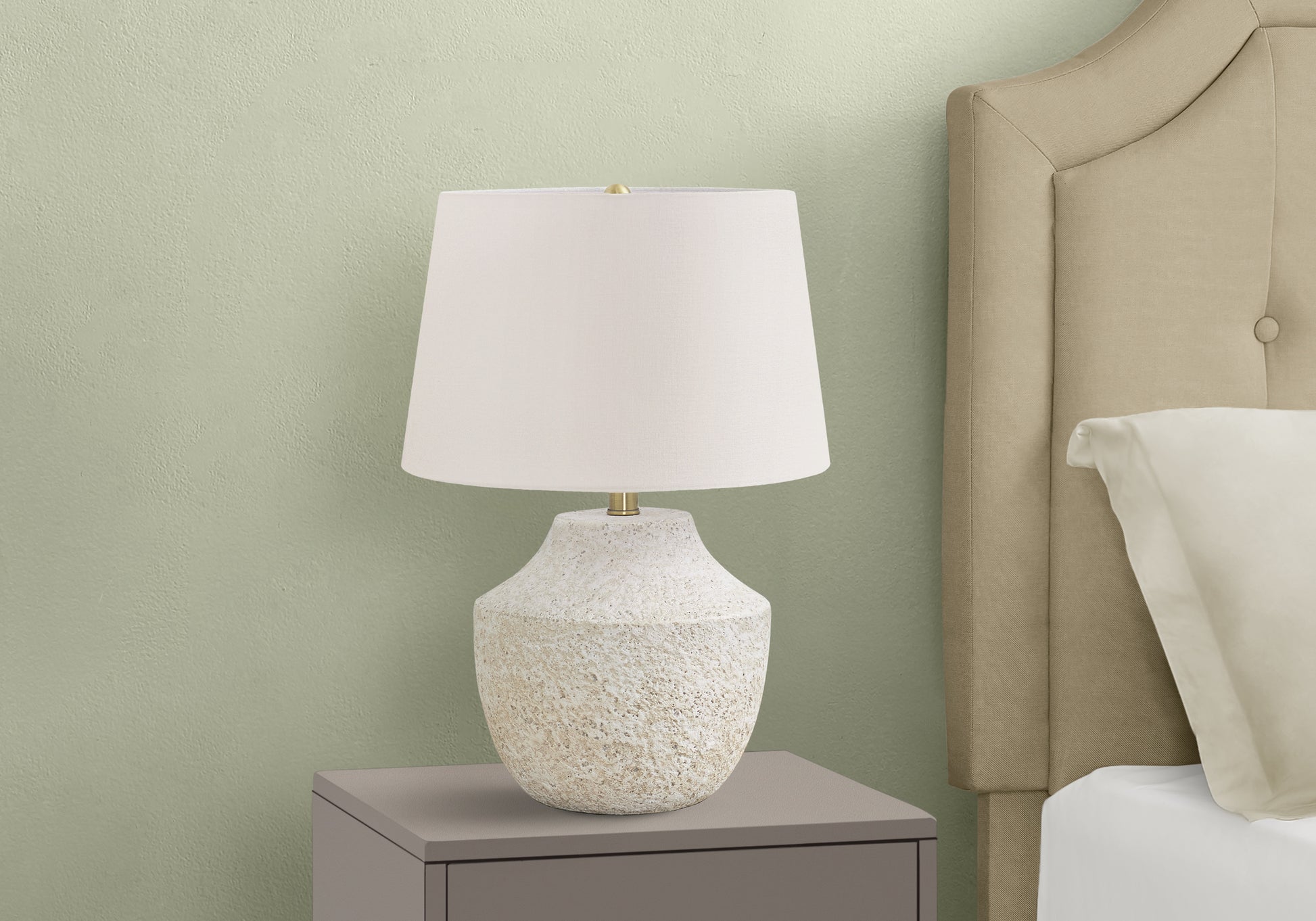 Textured white ceramic bedside table lamp with linen shade