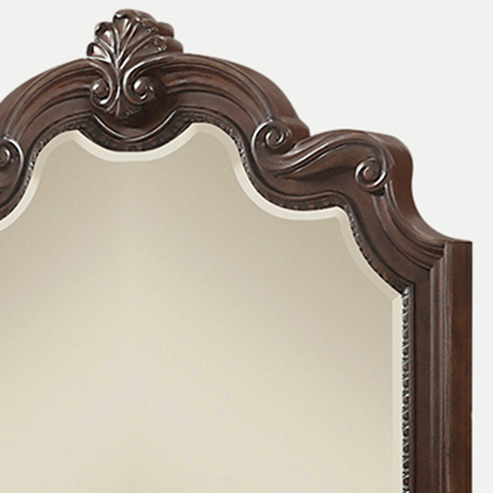 Ornate dark wood framed mirror with carved detailing and a pale reflective surface