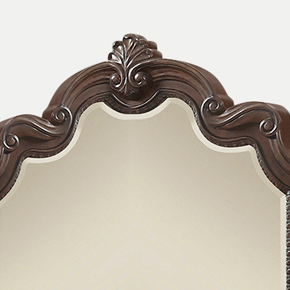 Ornate dark wood carved mirror frame with scrolling details and a decorative finial