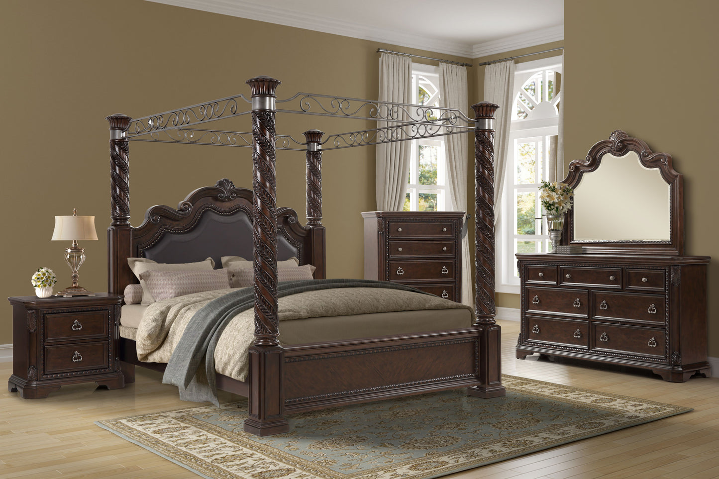 Dark cherry wood fourposter king bed with ornate carvings and upholstered headboard