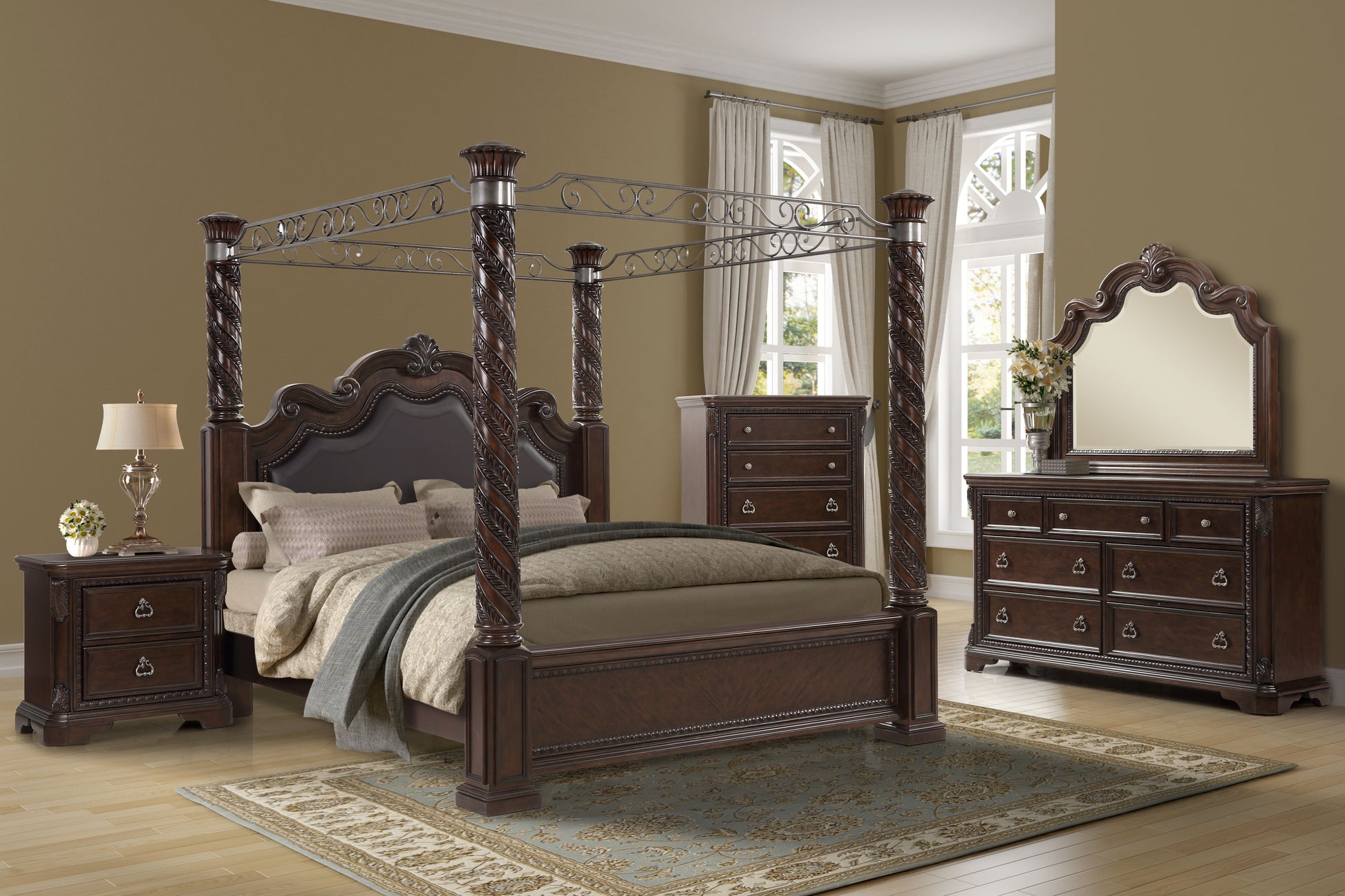 Dark cherry wood fourposter king bed with ornate carvings and upholstered headboard