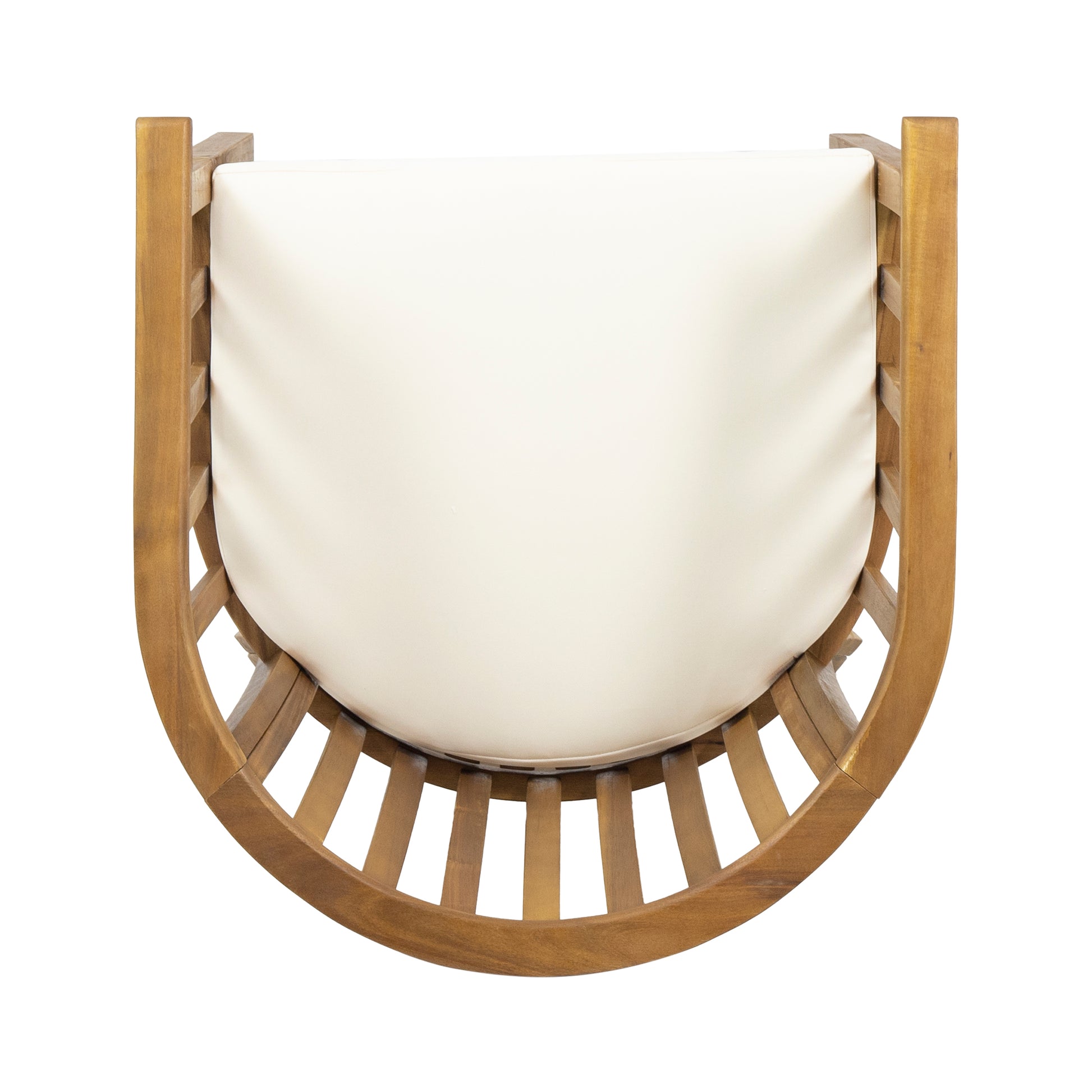 Wooden lounge chair with cream cushion curved slatted back and seat