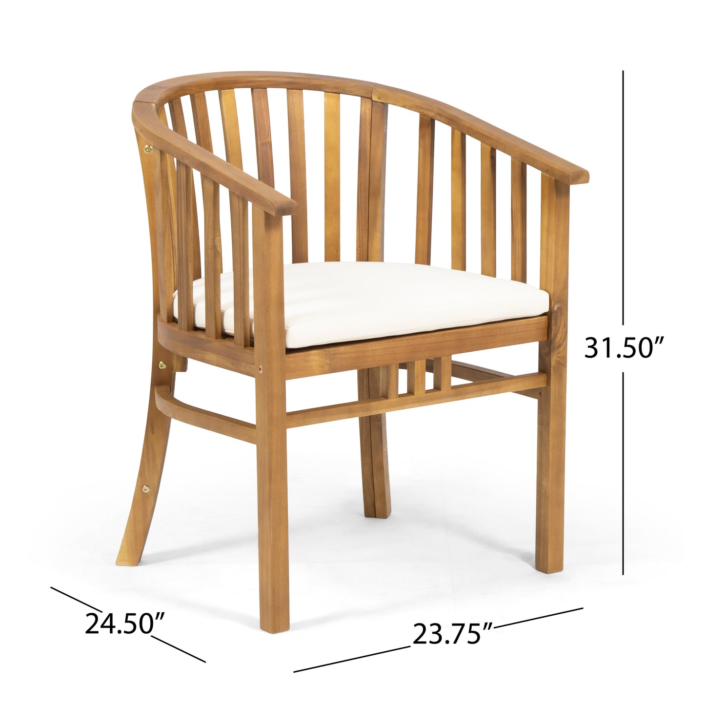 Natural wood patio chair with curved back and white seat cushion