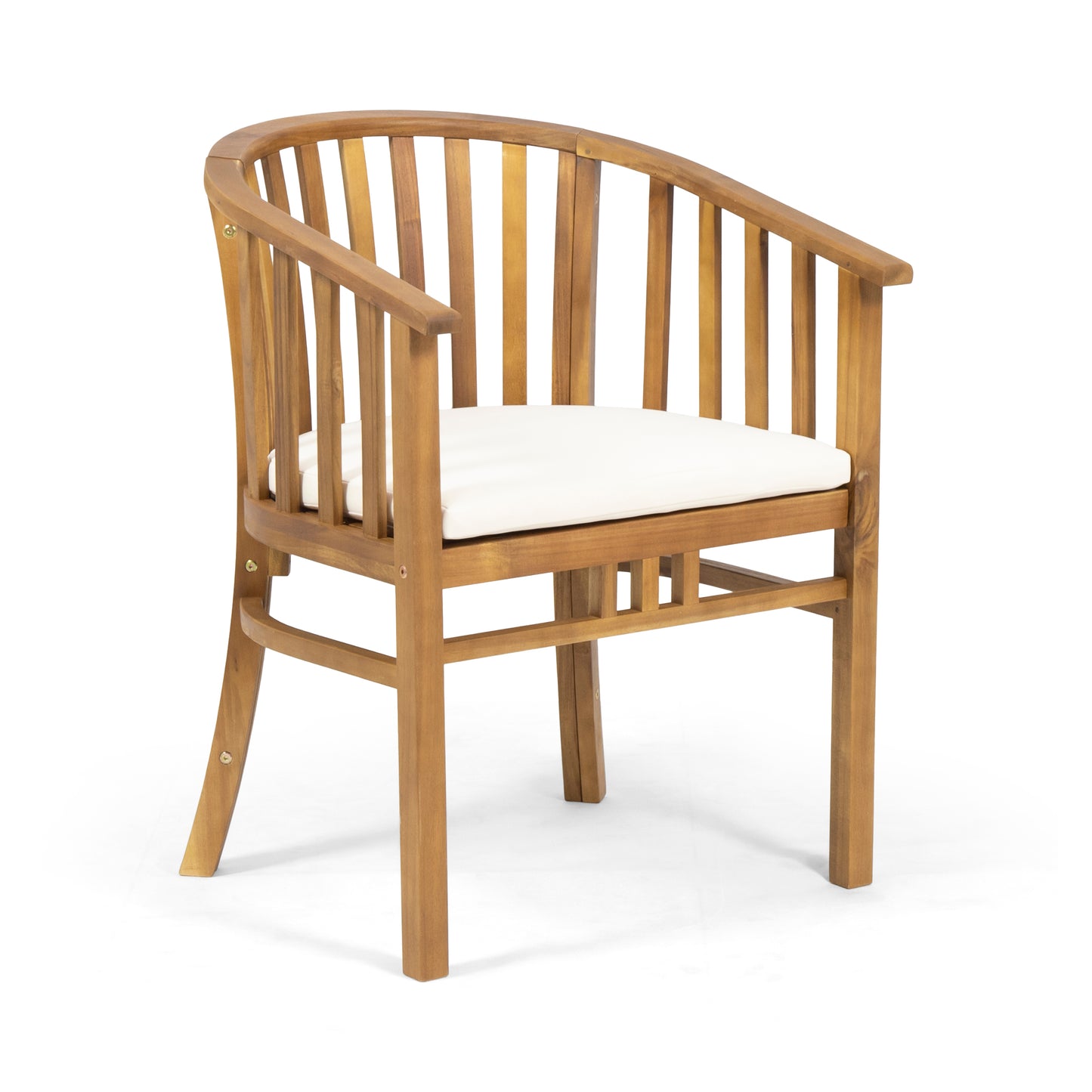 Curved back wooden dining chair with white seat cushion