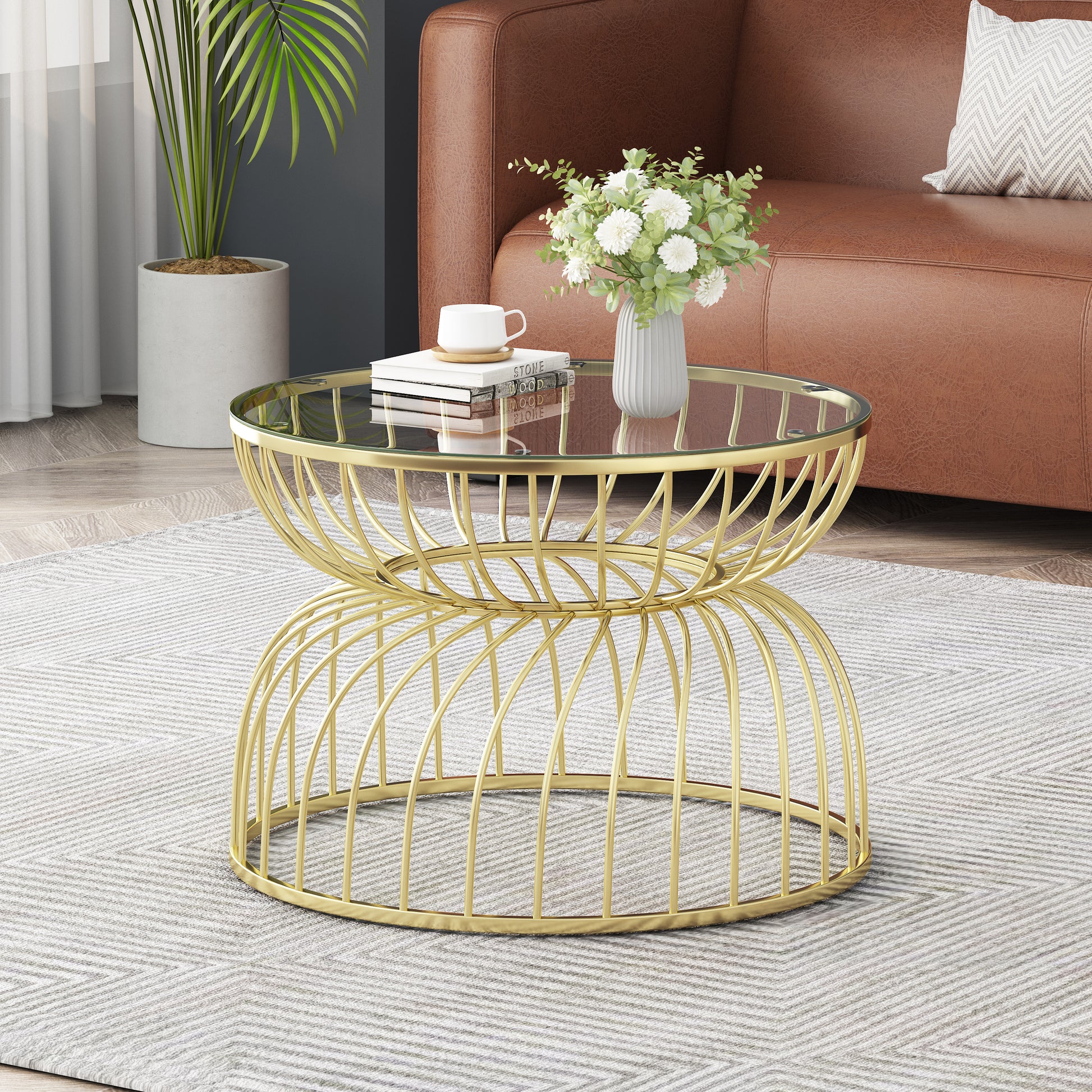 Gold wire frame coffee table with glass top modern accent furniture