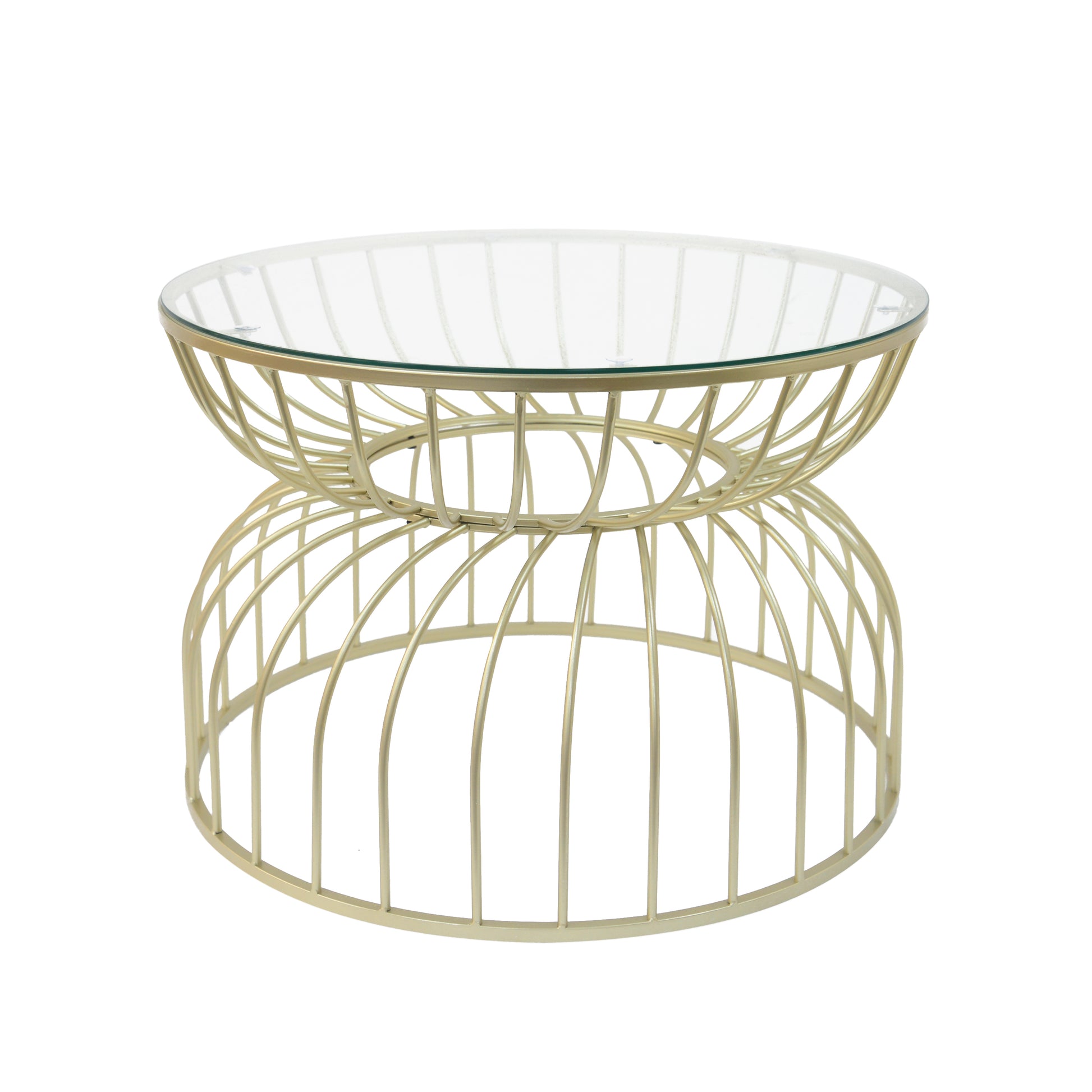 Gold wireframe coffee table with clear glass top and modern abstract base