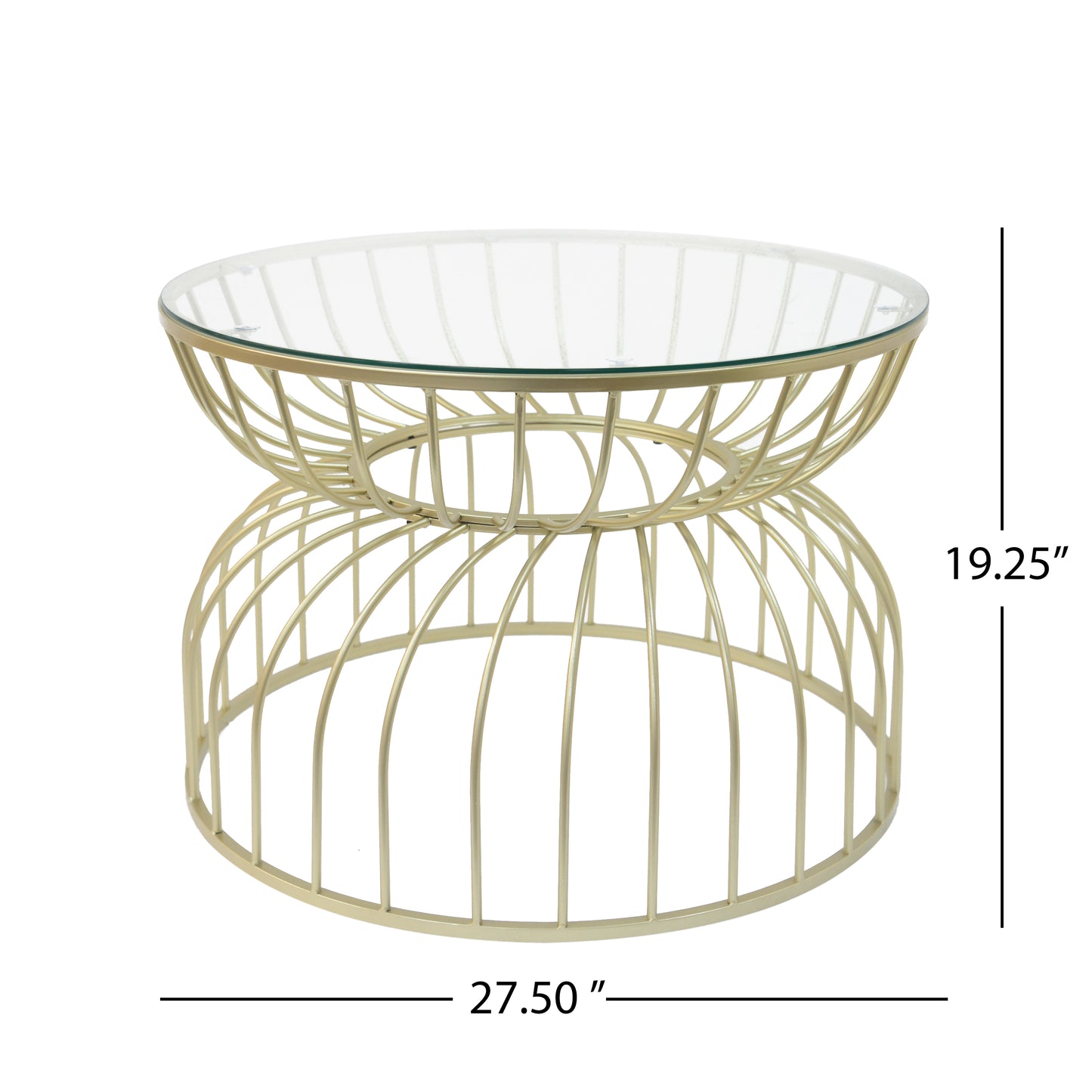 Gold metal side table with glass top and open cage base design