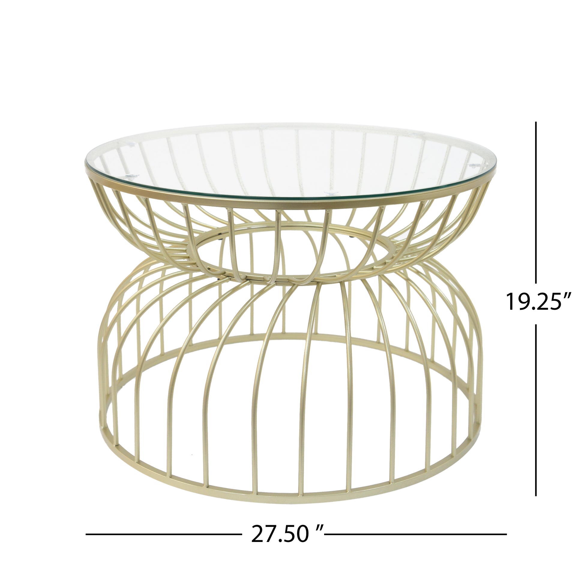 Gold metal side table with glass top and open cage base design