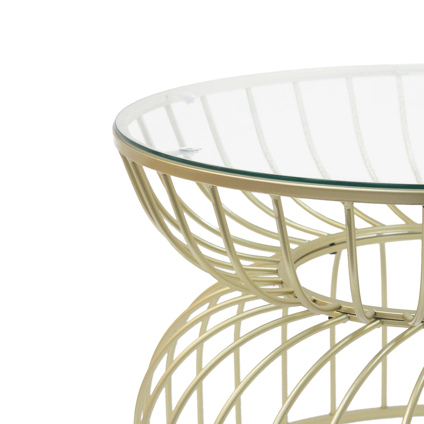 Round glass top accent table with gold wire cage base modern design