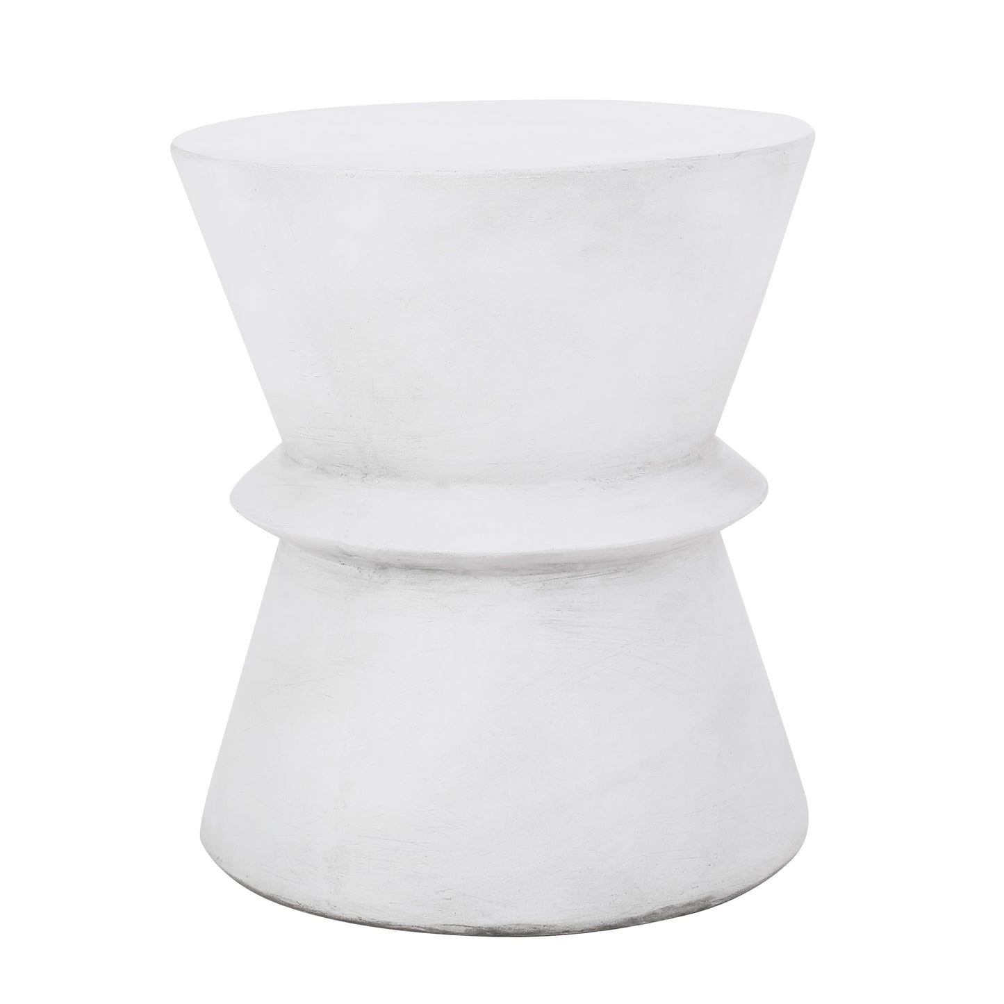 White hourglass garden stool with textured finish perfect for patio decor