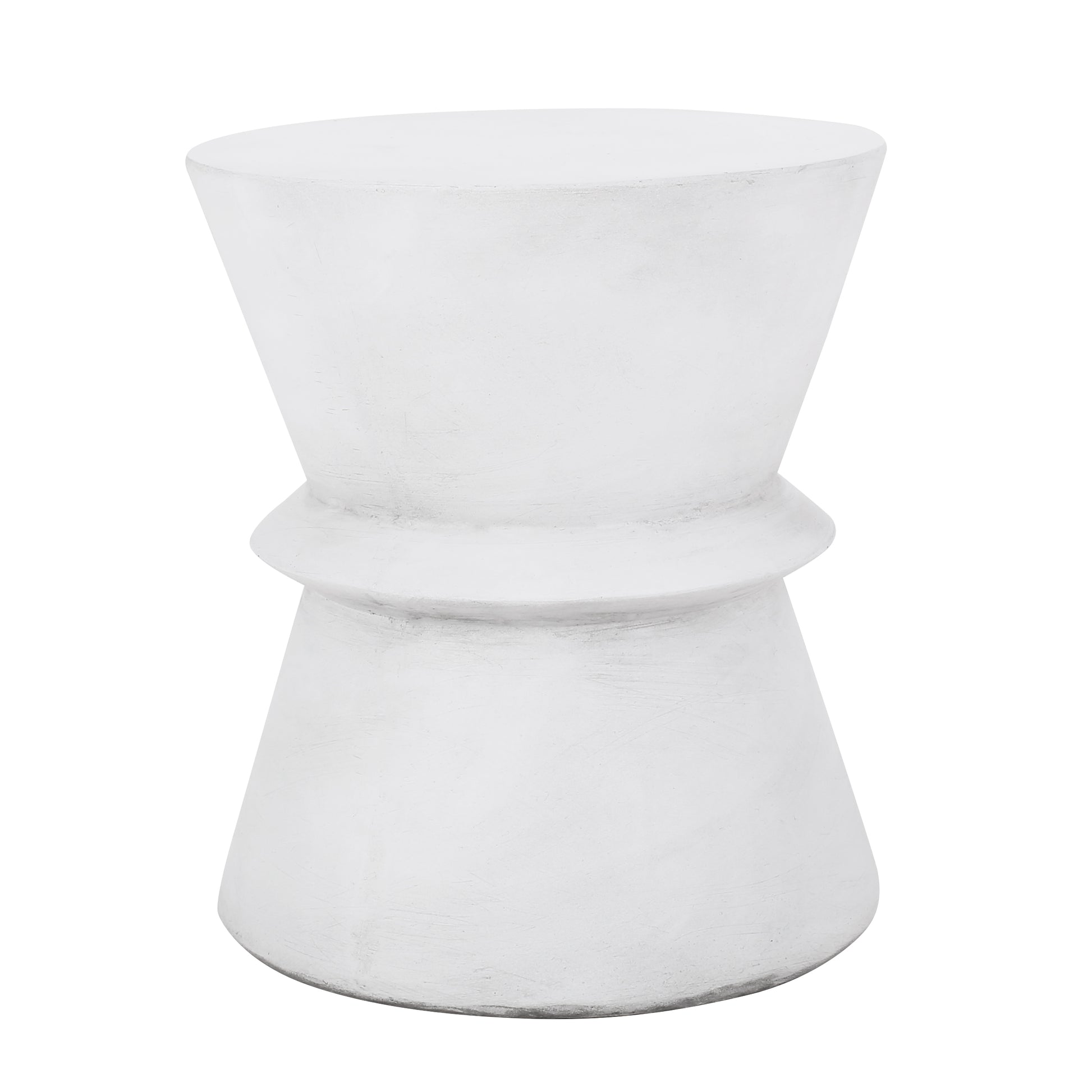White hourglass garden stool with textured finish perfect for patio decor