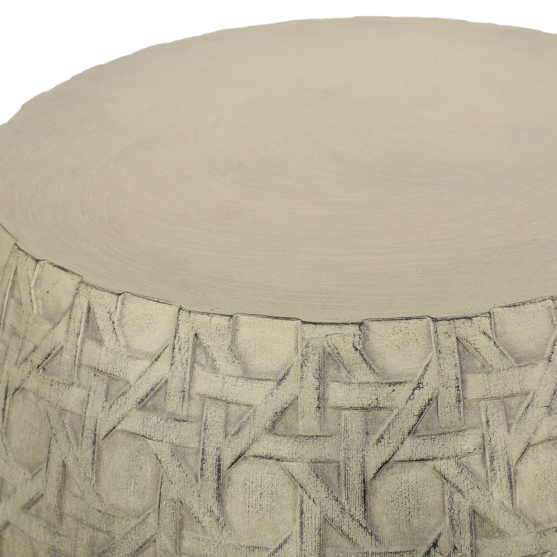 Beige cylindrical ceramic side table with woven basketweave texture detail