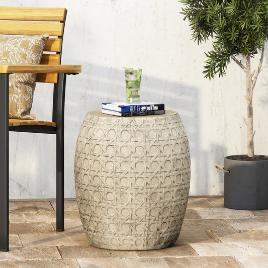 Lightweight concrete garden stool with intricate woven pattern perfect for outdoor spaces