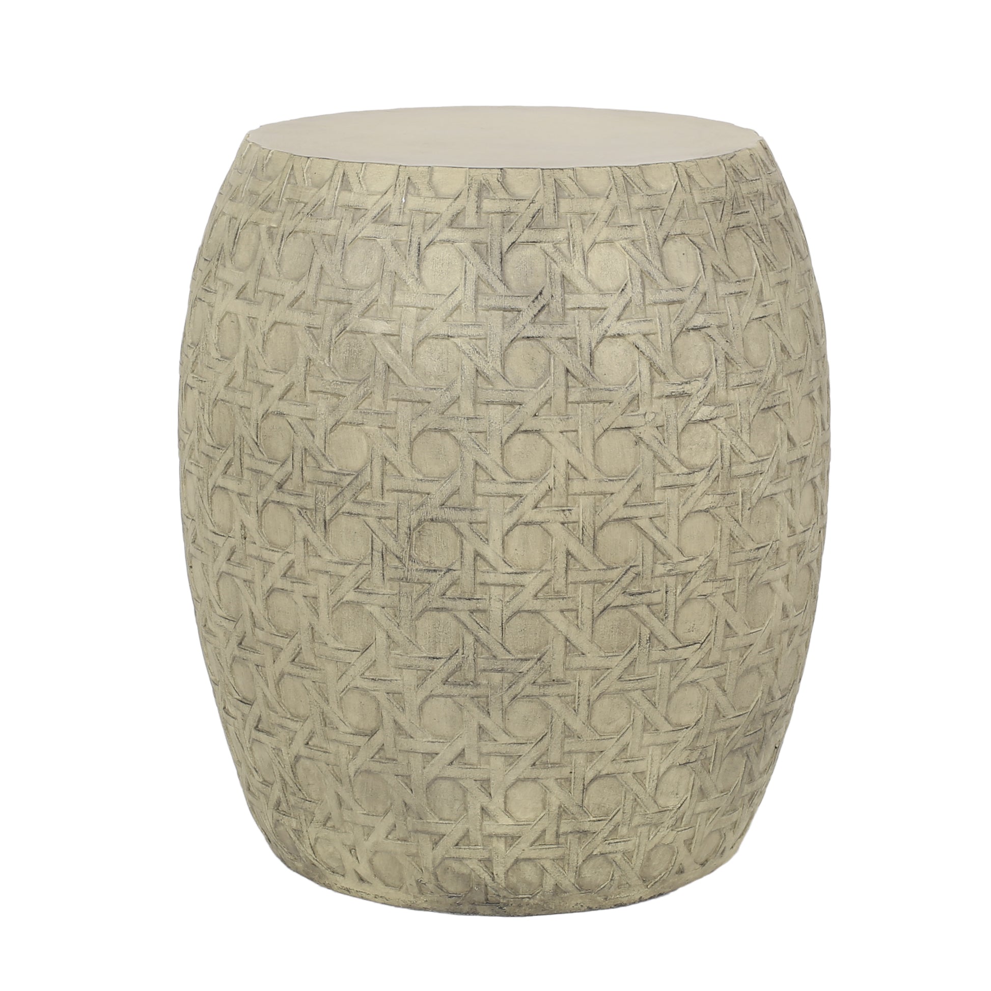 Classic cane pattern garden stool in neutral beige with a textured finish perfect for outdoor seating