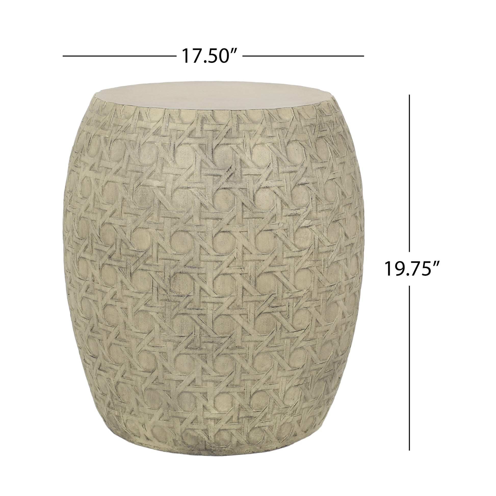 Light beige ceramic drum stool with carved woven texture and natural finish