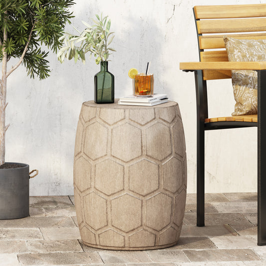 Round faux wood side table with hexagonal pattern perfect for outdoor patios