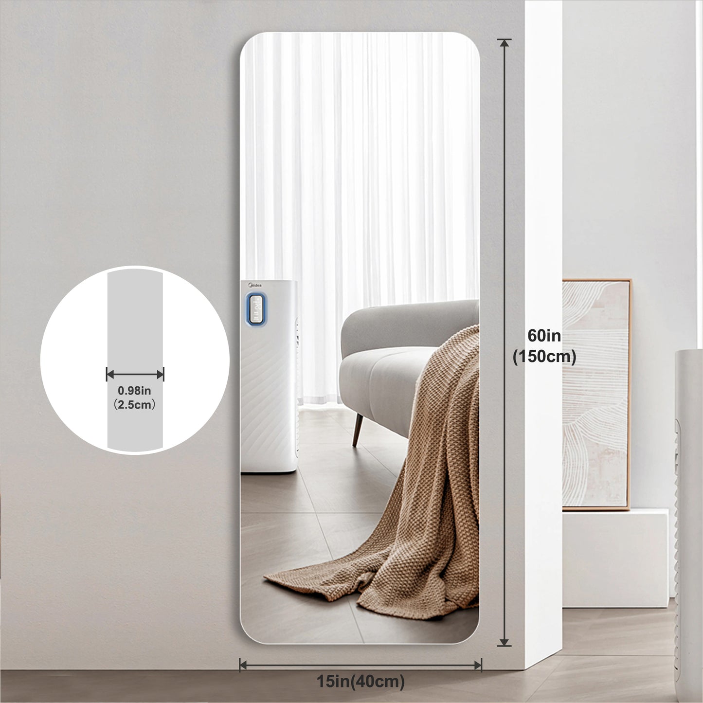 Fulllength floor mirror with rounded corners  inches tall and  inches wide