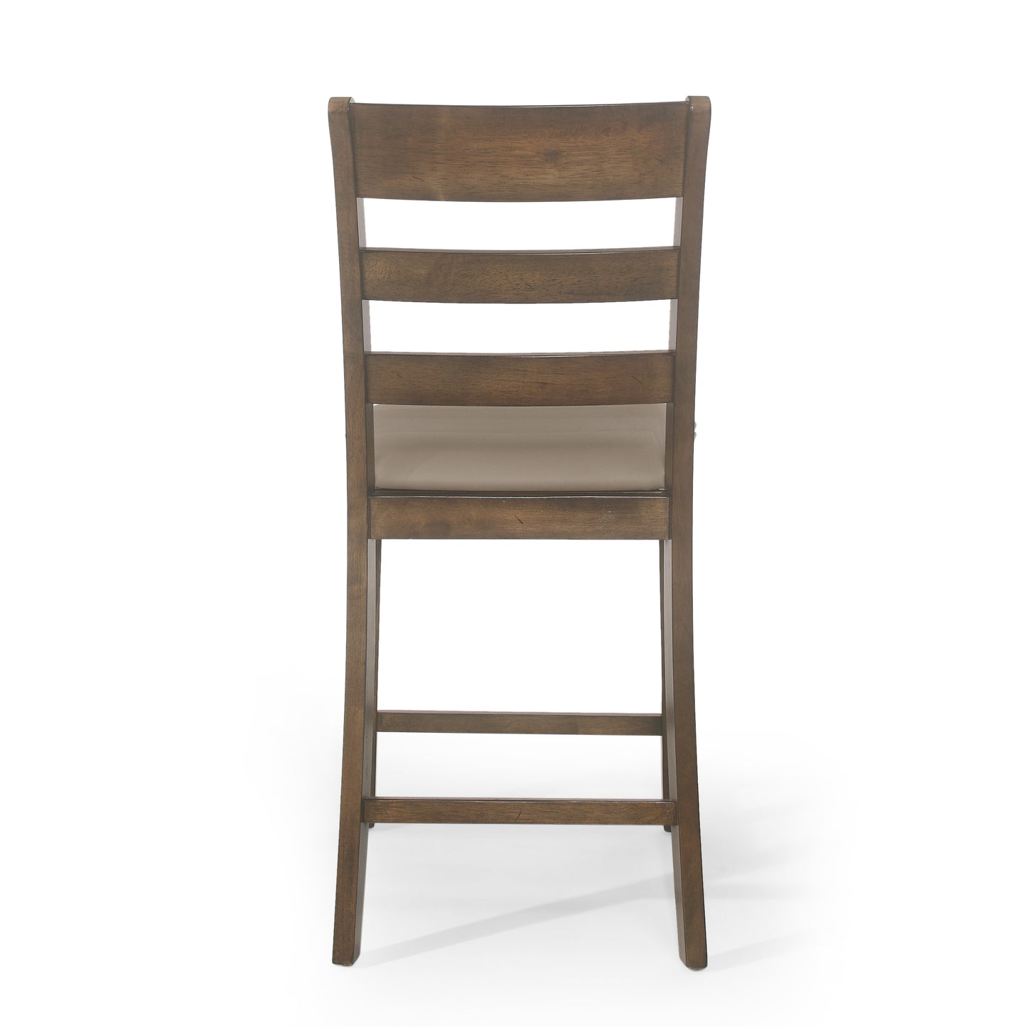 Back view of a wooden bar stool with a padded beige seat and horizontal slats