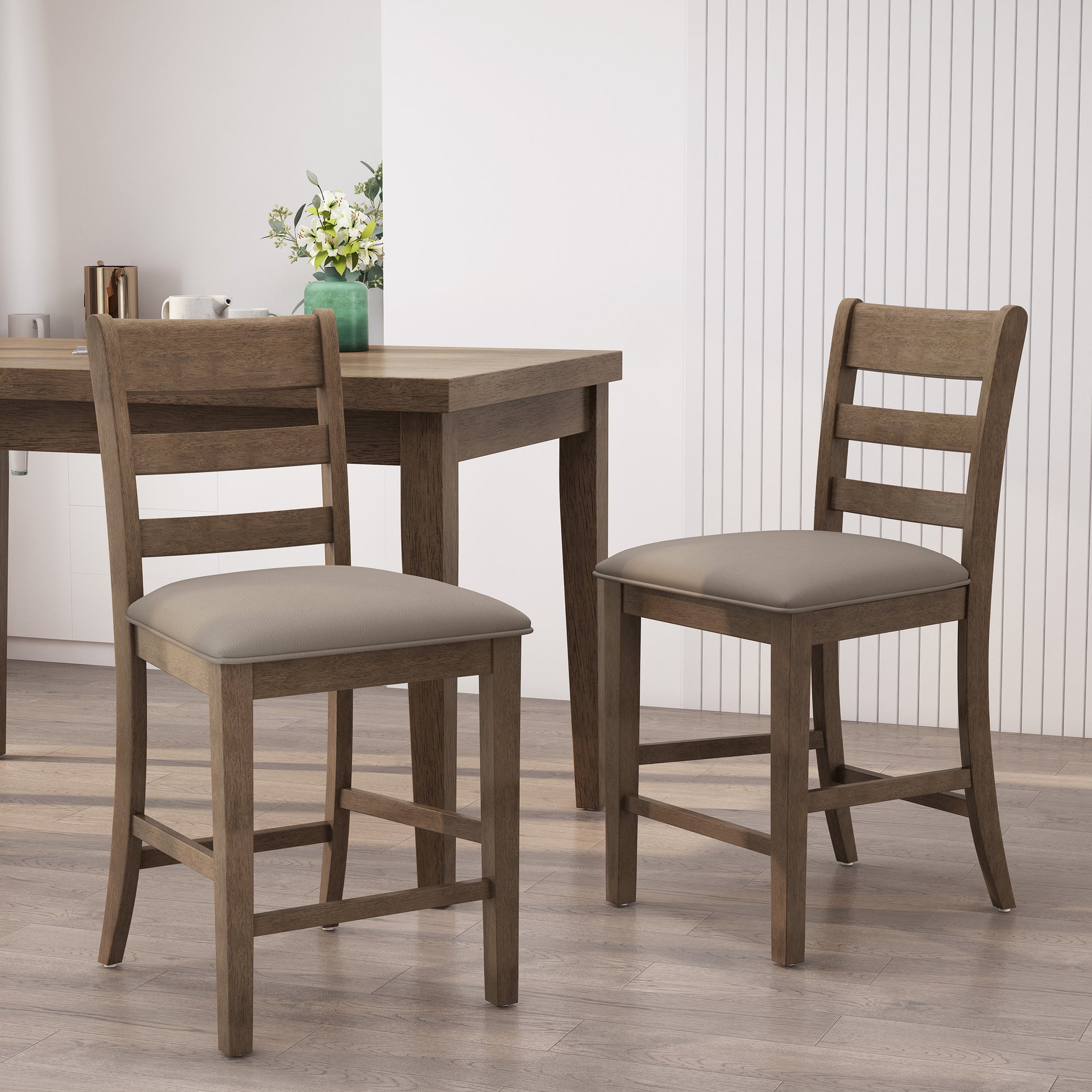 Rustic oak wood counter stool with upholstered grey seat and slatted back