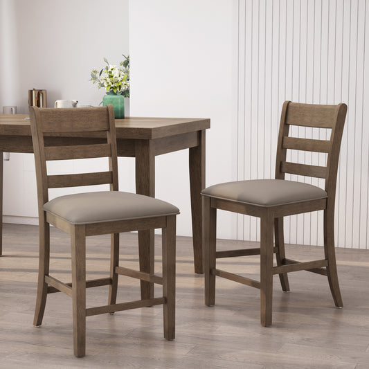 Rustic oak wood counter stool with upholstered grey seat and slatted back